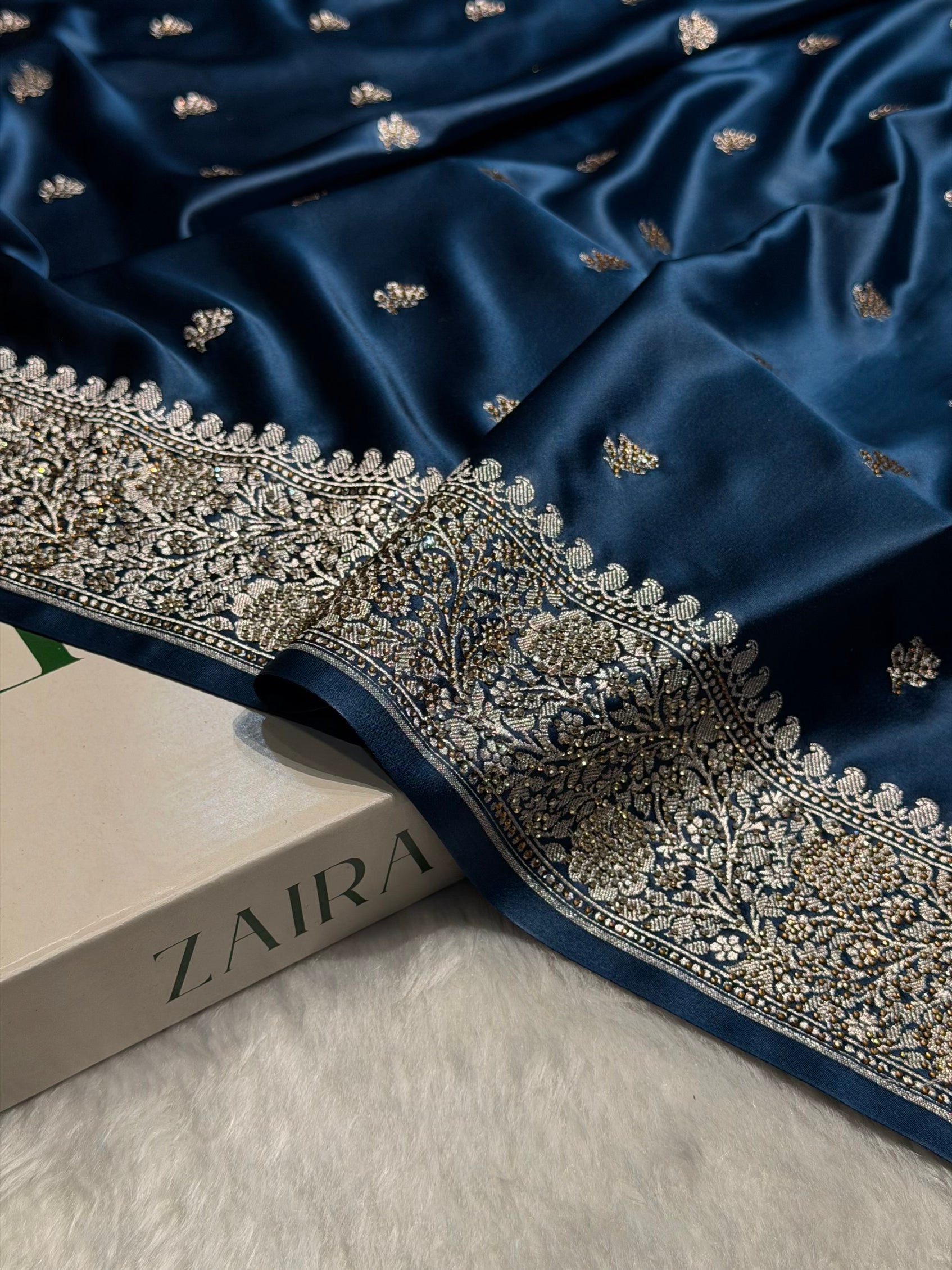 German Blue With Swarovski Work Booti Mashru Silk Saree BMS40