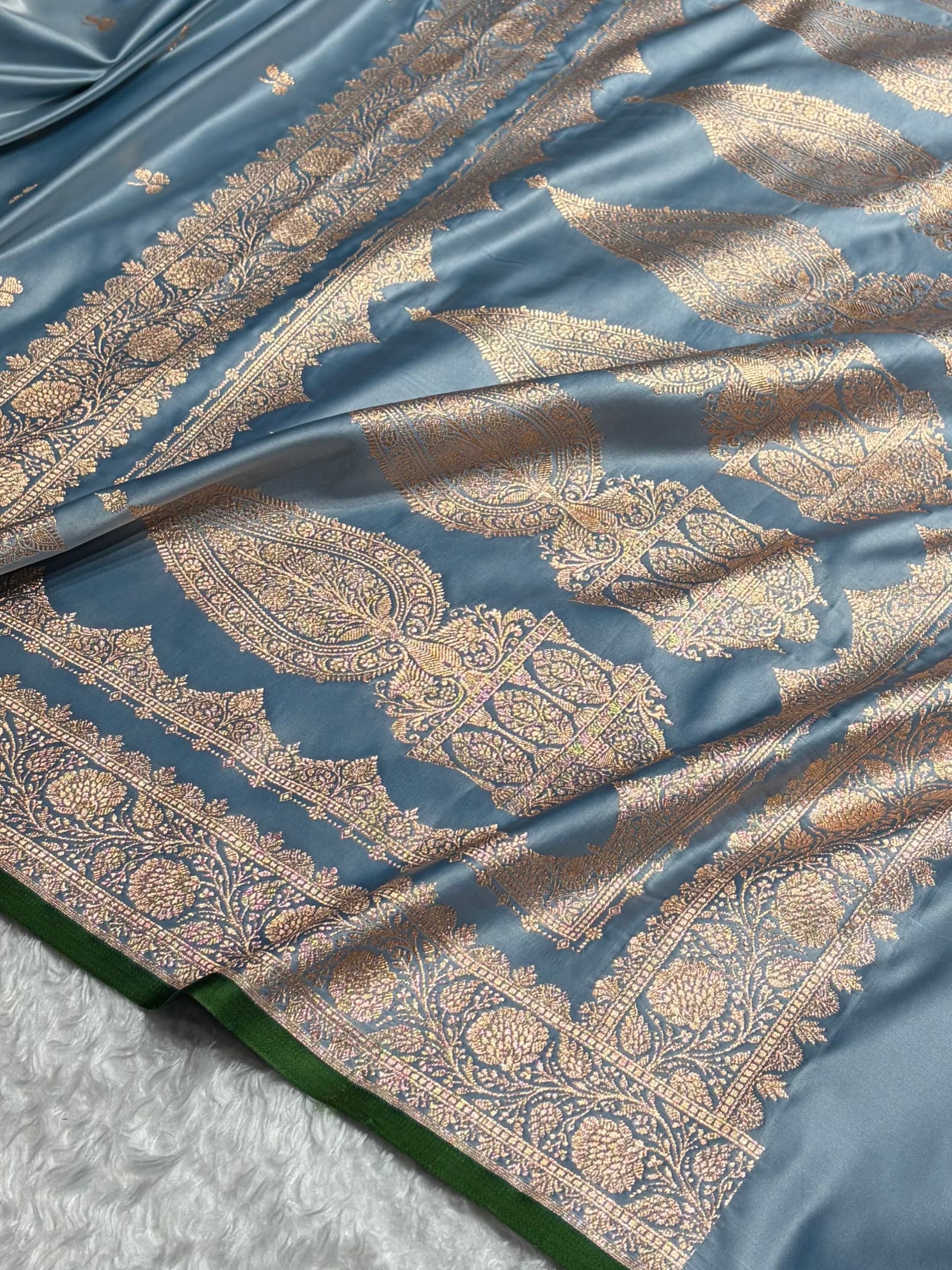 Banarasi Pastel German Blue Shades Booti Satin Katan Silk Saree SK09