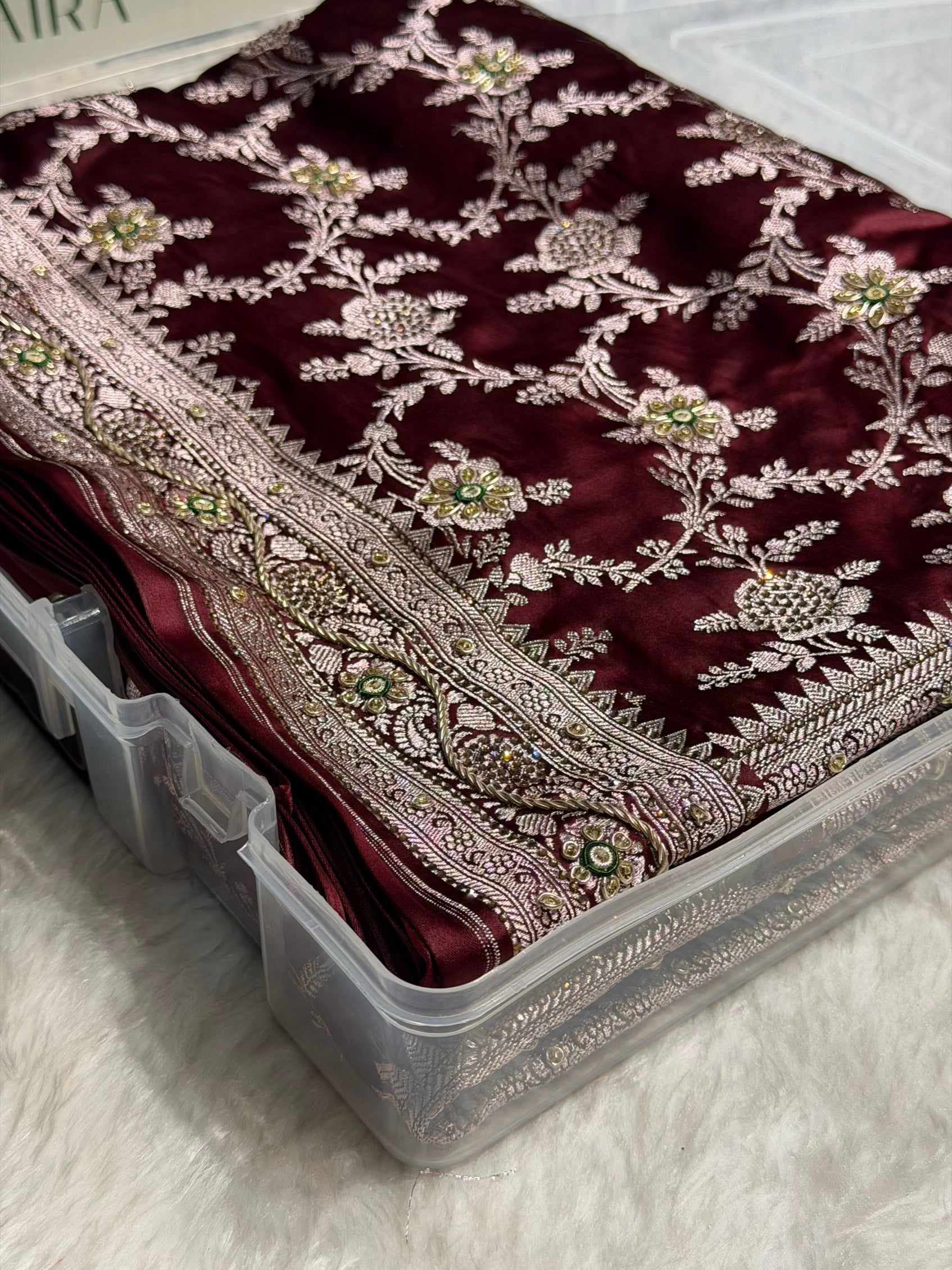 Dark Maroon Mashru Silk with Bananasi Ari and swarovski work BMS28