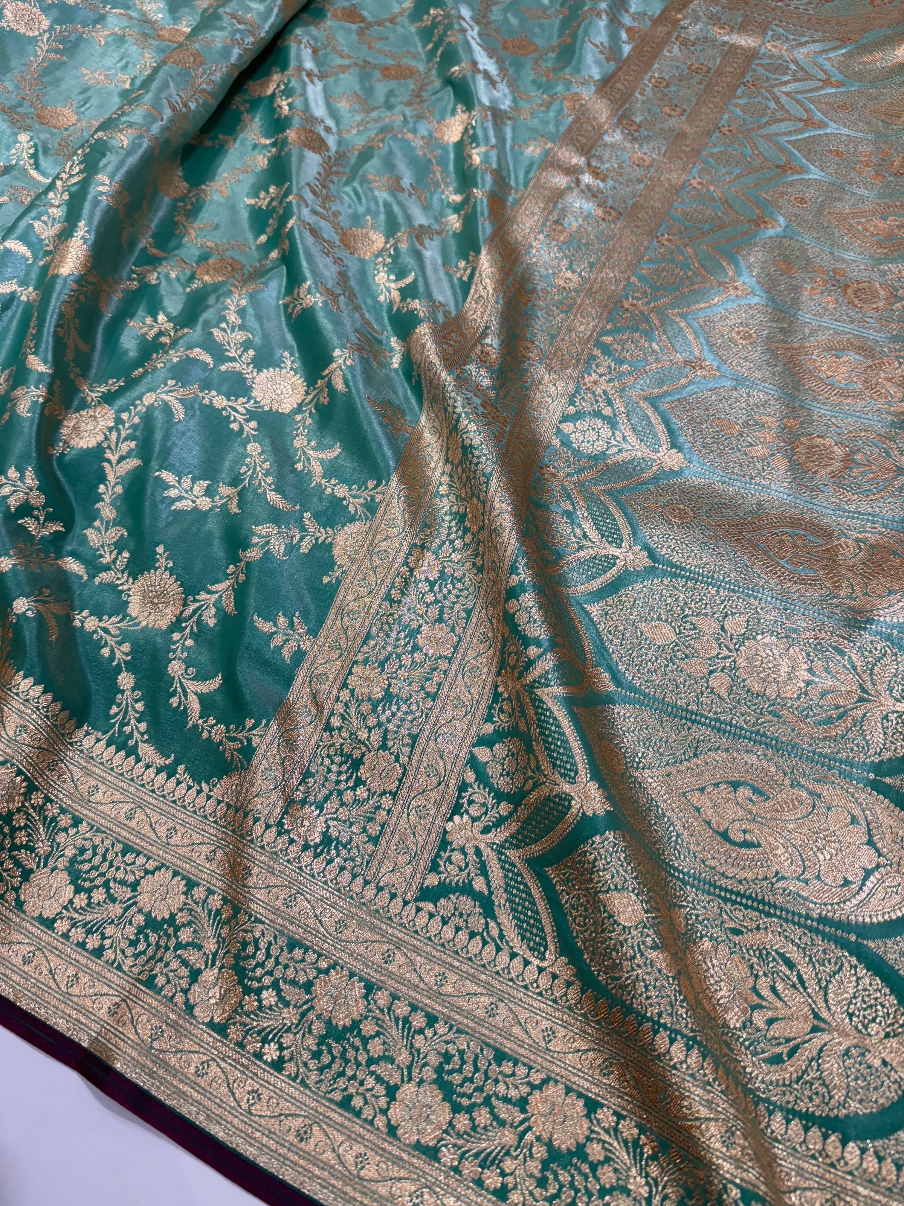 Ultra Light Weight Satin Silk Jaal in Light Pista Shades SS14