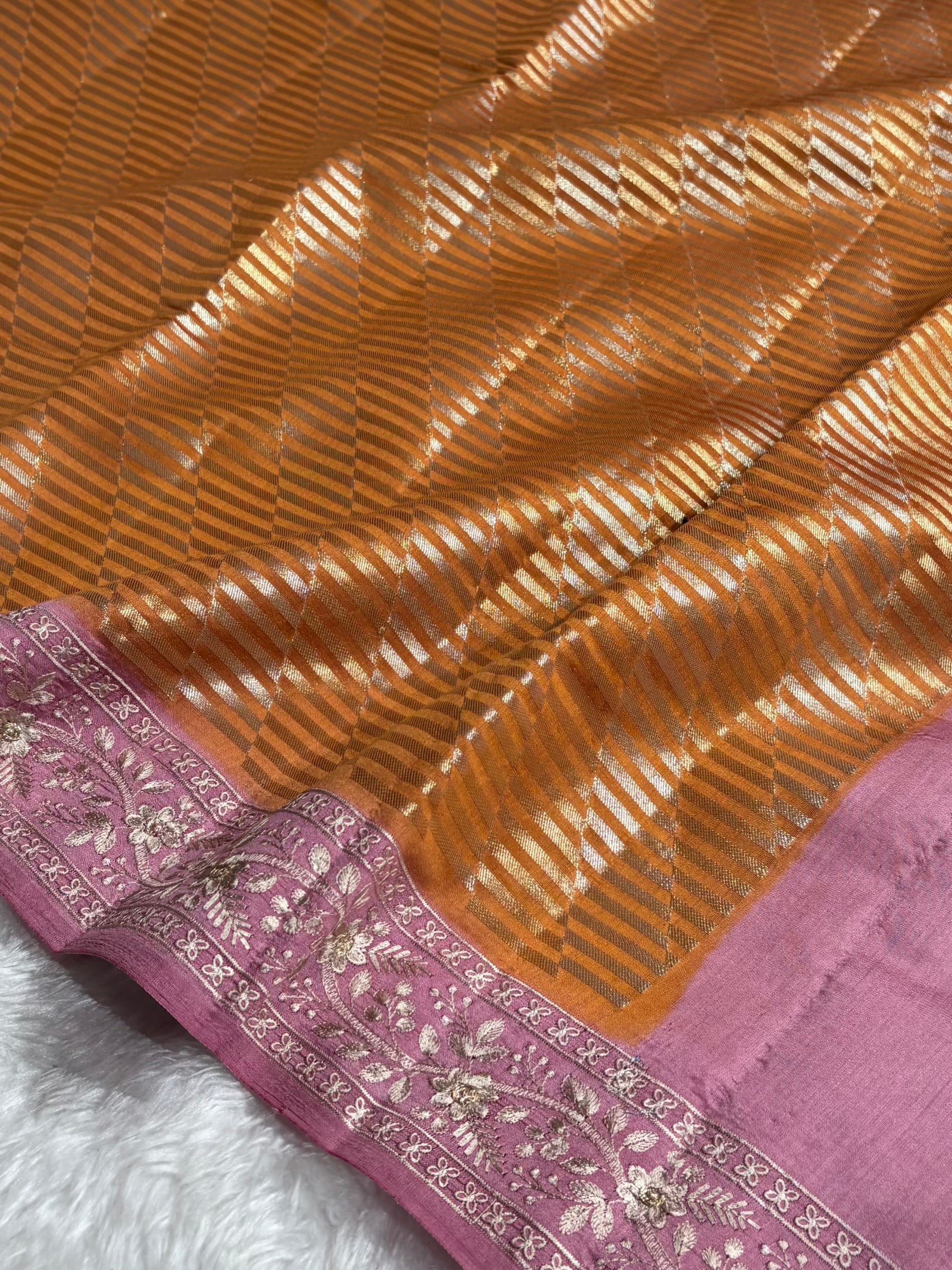 Banarasi Pure Organza Contrast Rust With Baby Shades Banarasi Silk Saree PO-42