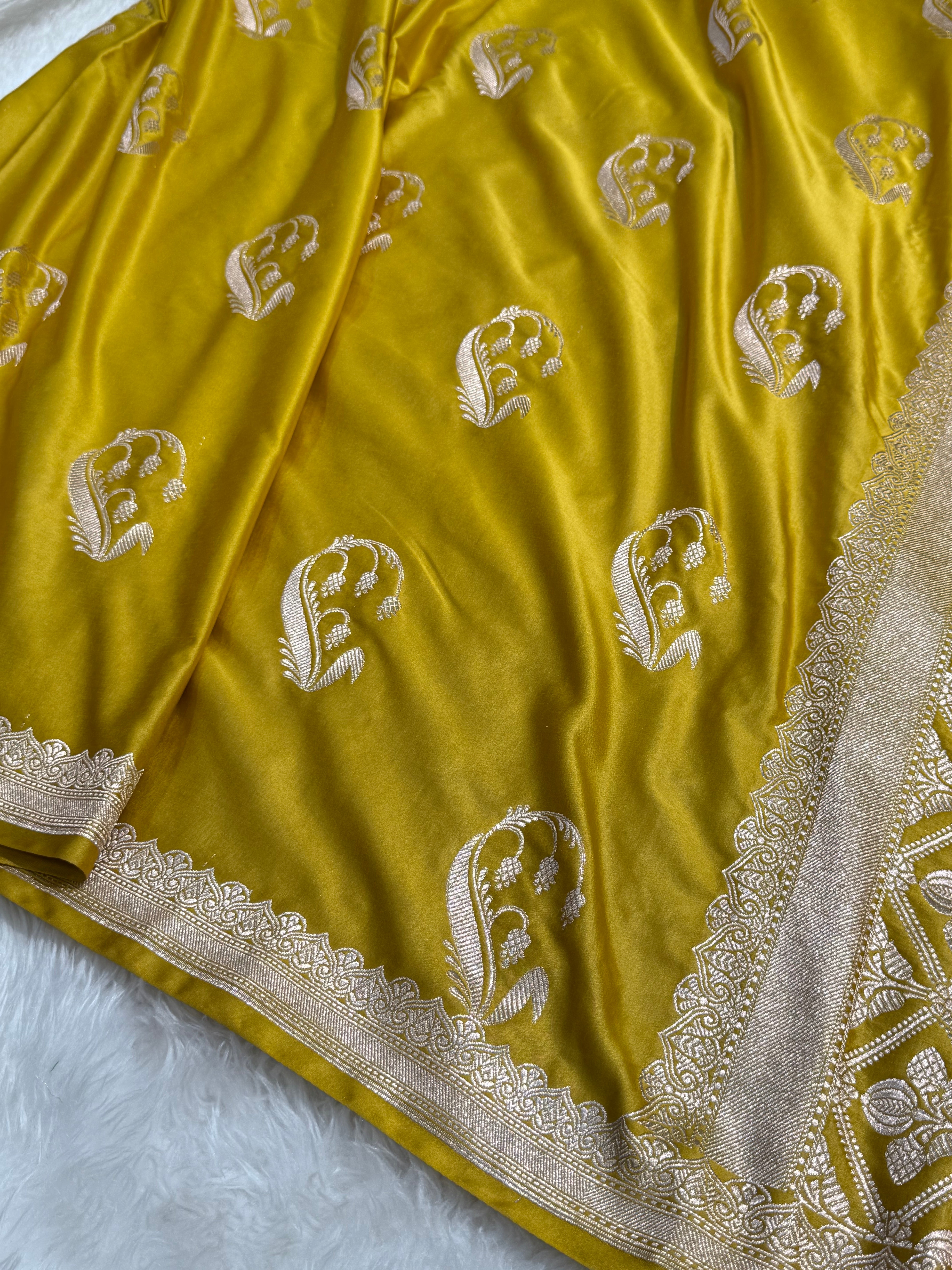 Mustard Unique Boota Motif Mashru Silk Saree