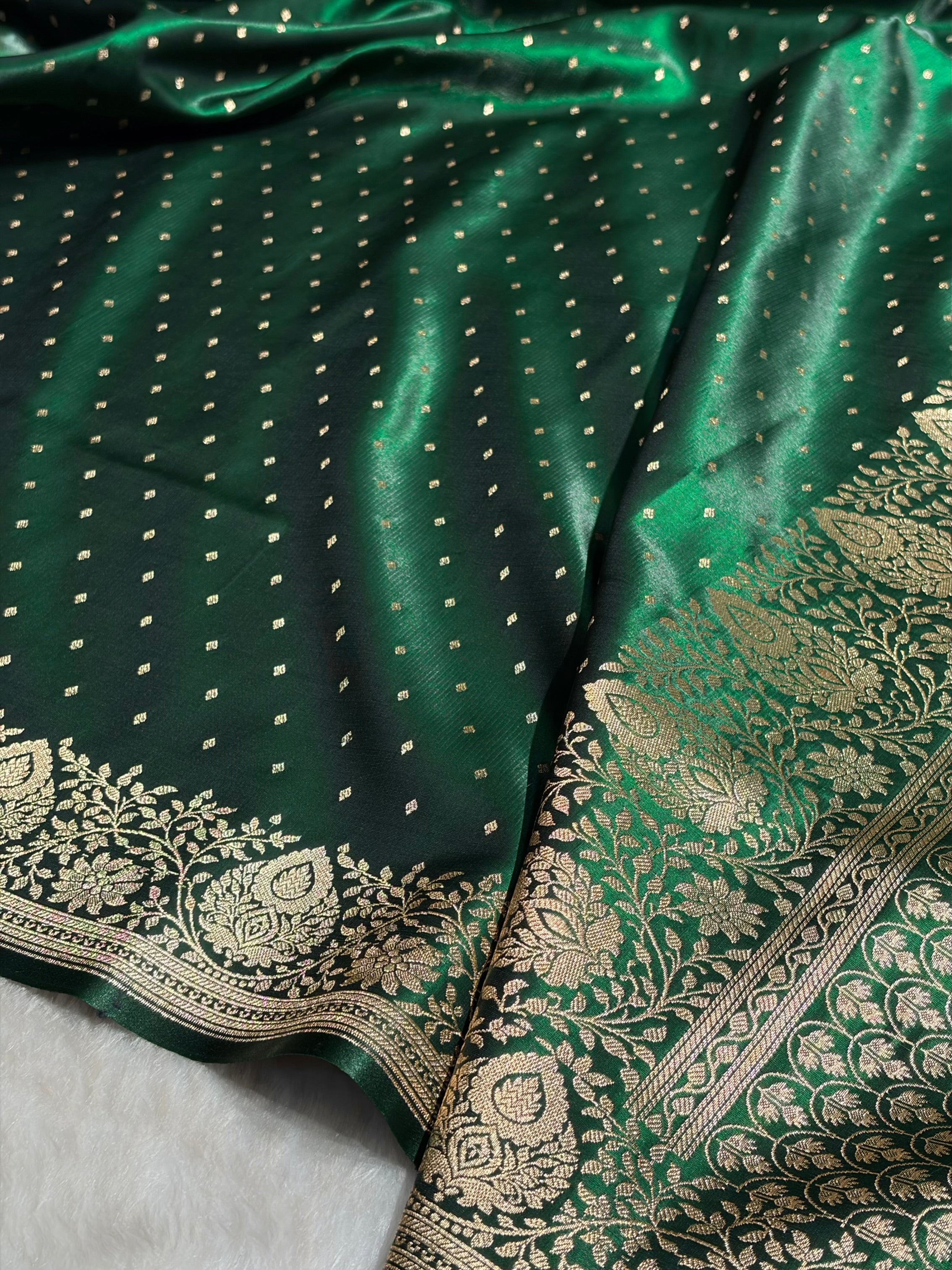 Ultra Light Weight Satin Silk Boota in Bottle Green Shades SS31