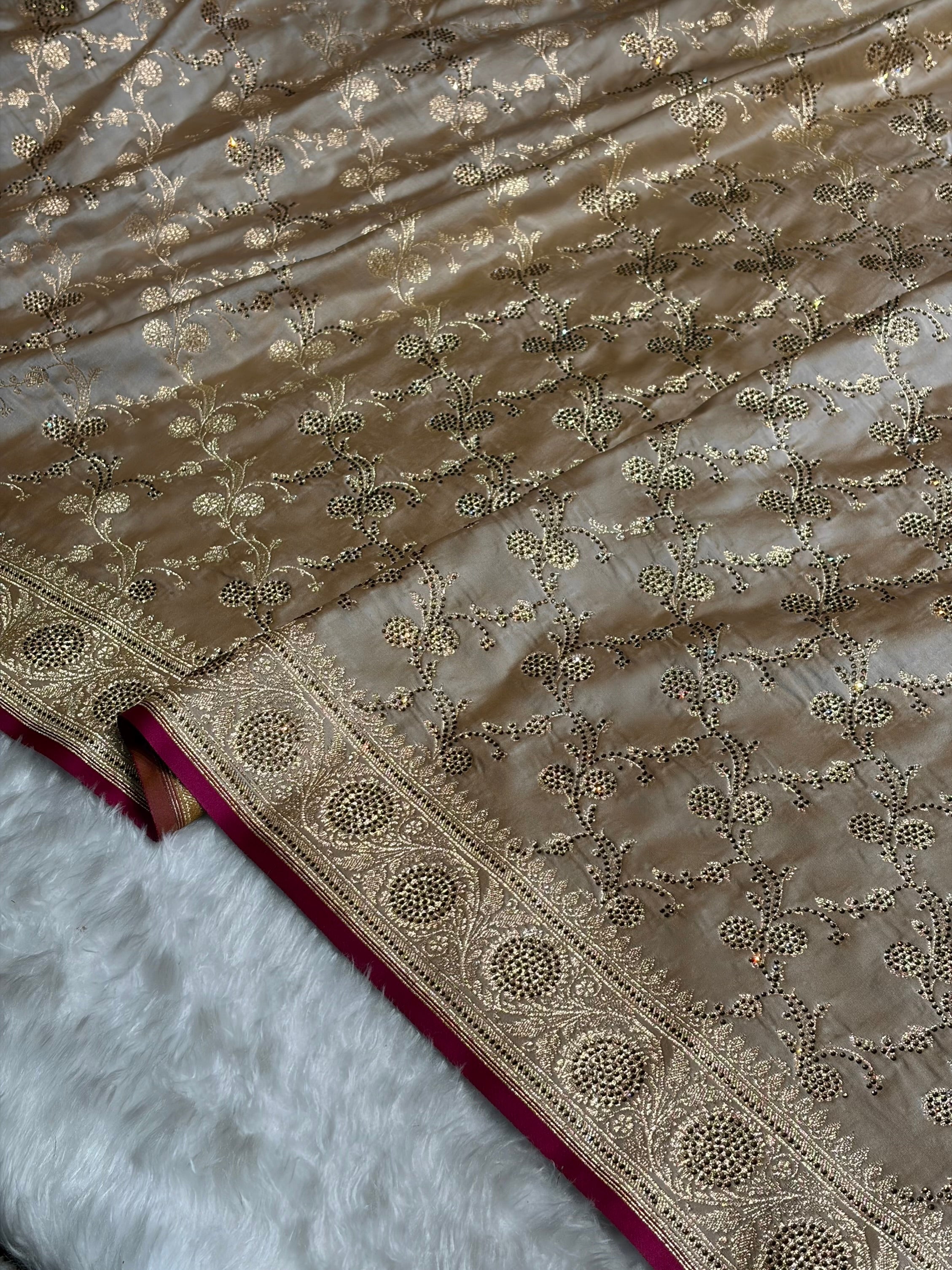 Beige Shades Cross With Swarovski Work Satin Katan Silk Saree BSK17