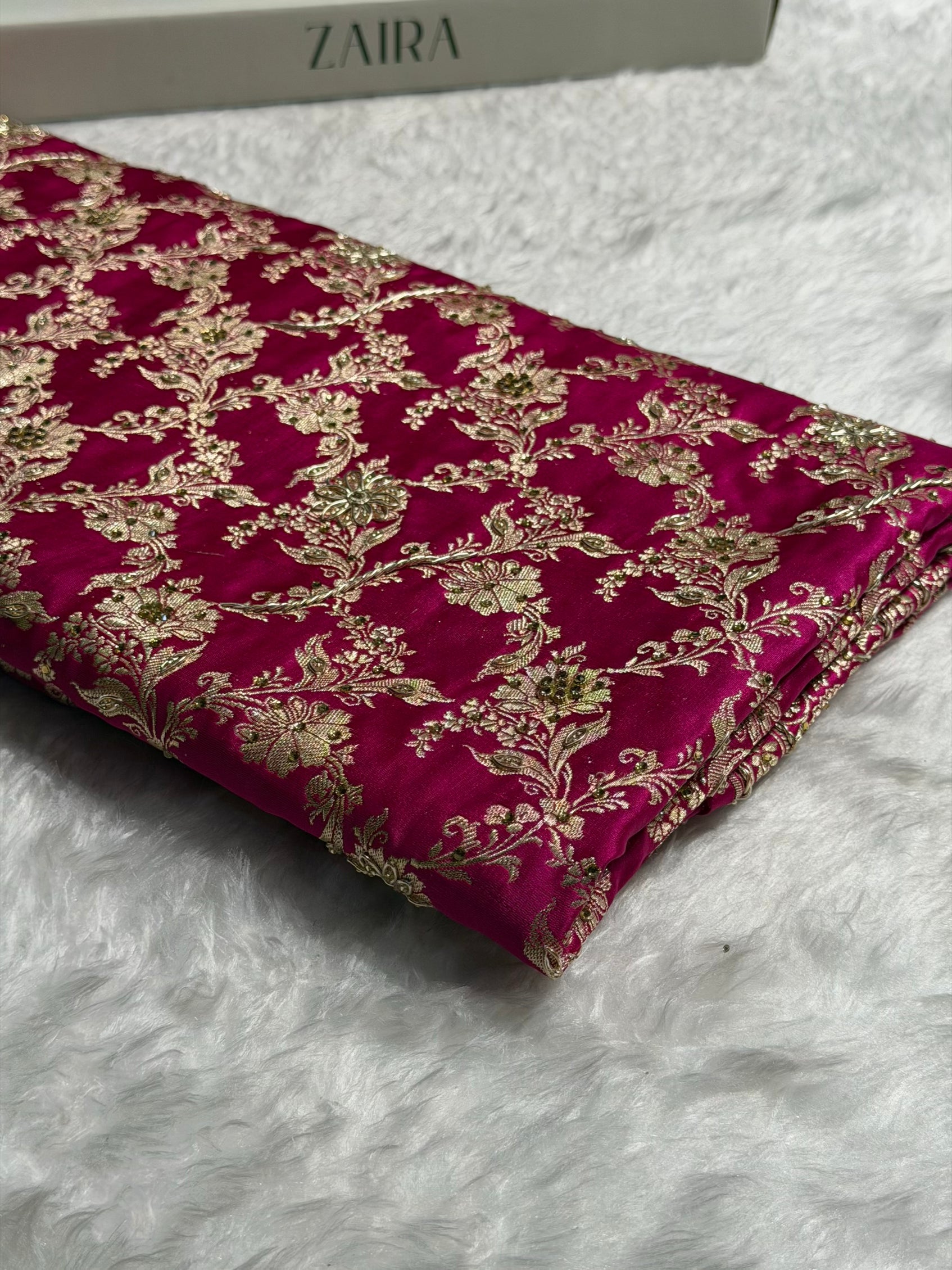 Pure Handloom Bridal Rani Katan Silk Banarasi Saree with Zardozy, Ari and Stone work PBSK01