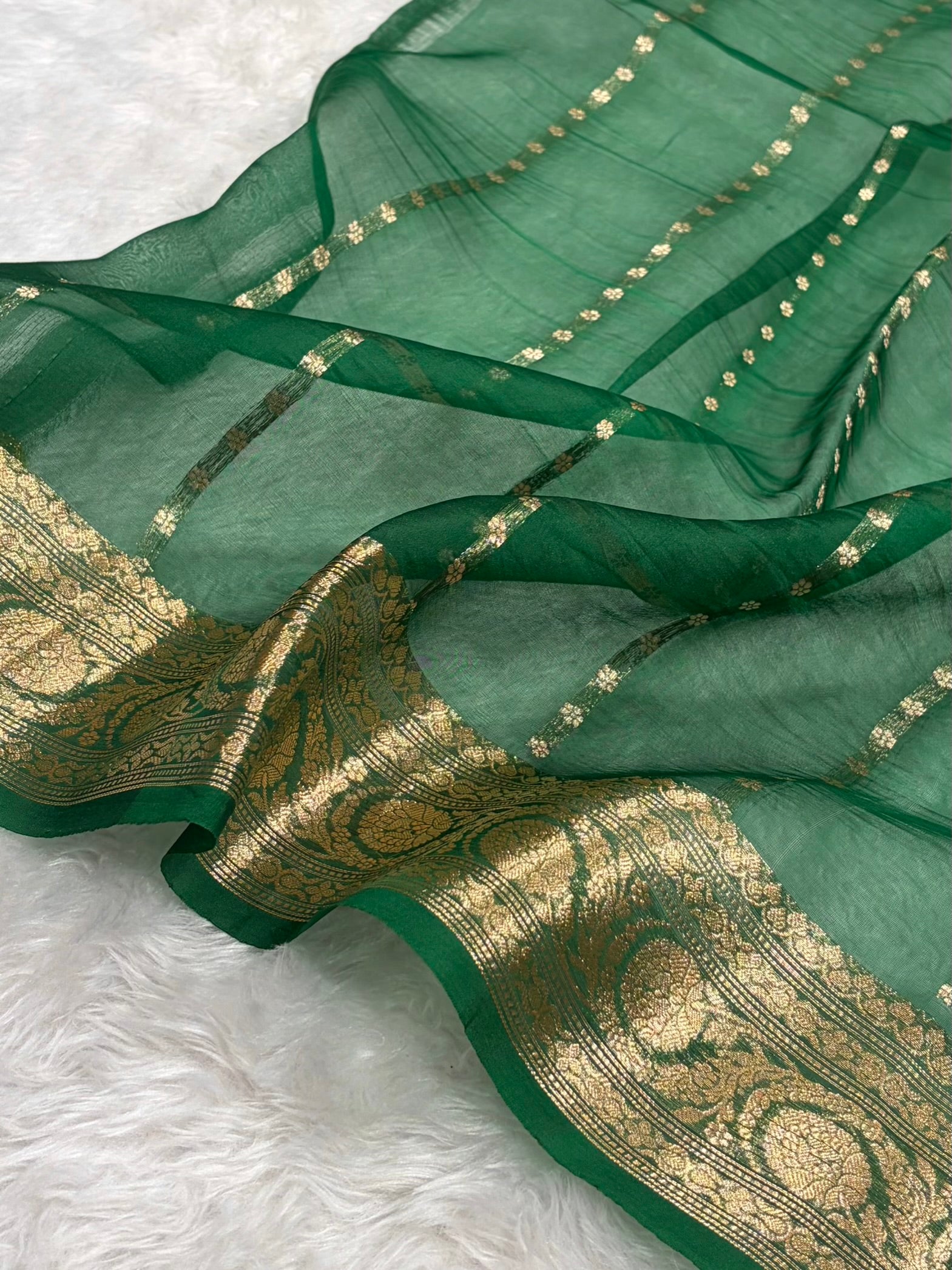 Pure Banarasi Organza Bottle Green Shades With Minakari Floral Banarasi Silk Saree PO-28
