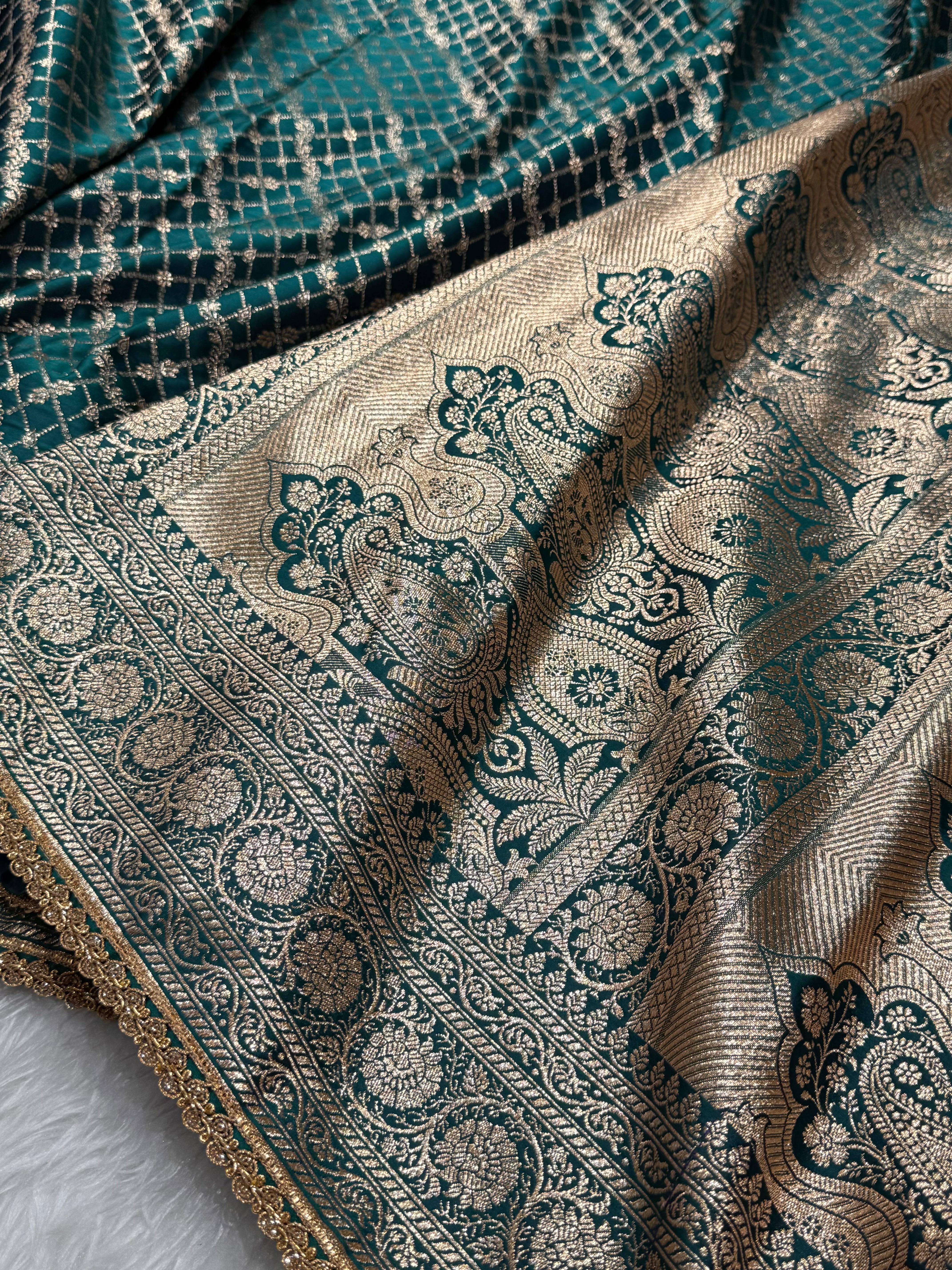 Bridal Banarasi Satin Katan Silk Saree In Peacock Shades with gotta Patti
