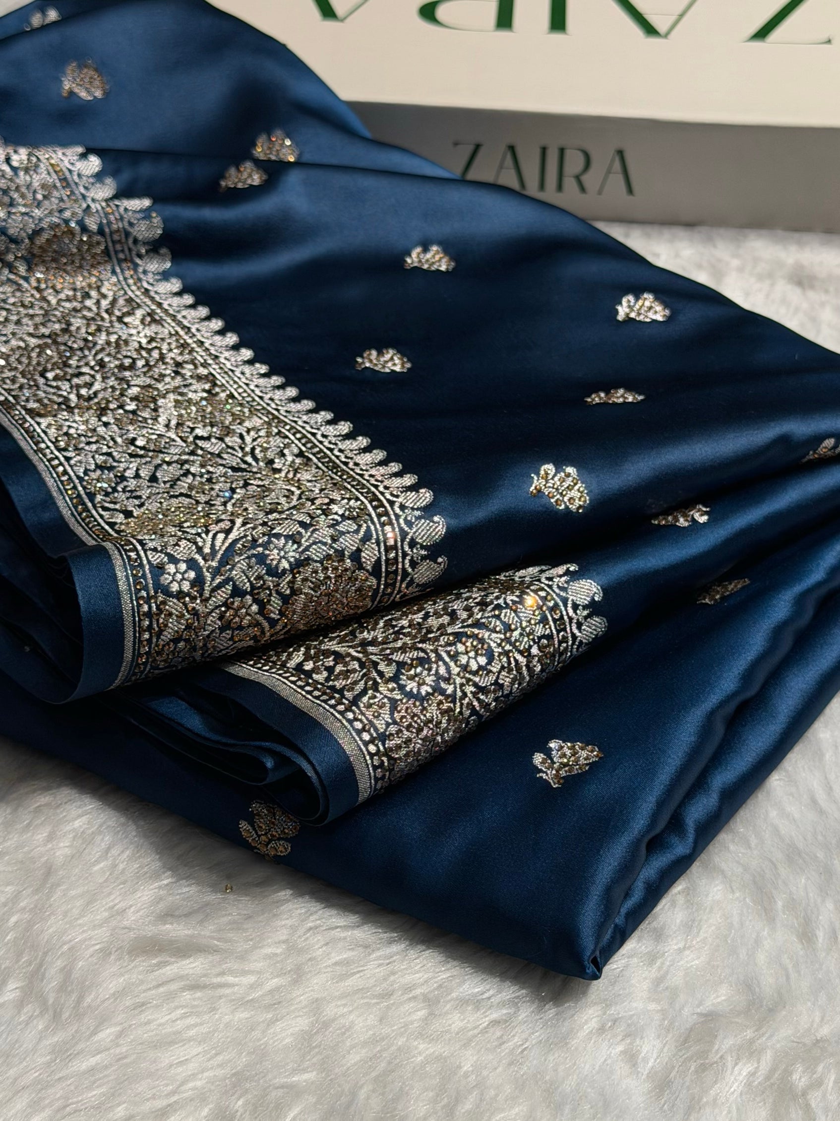 German Blue With Swarovski Work Booti Mashru Silk Saree BMS40
