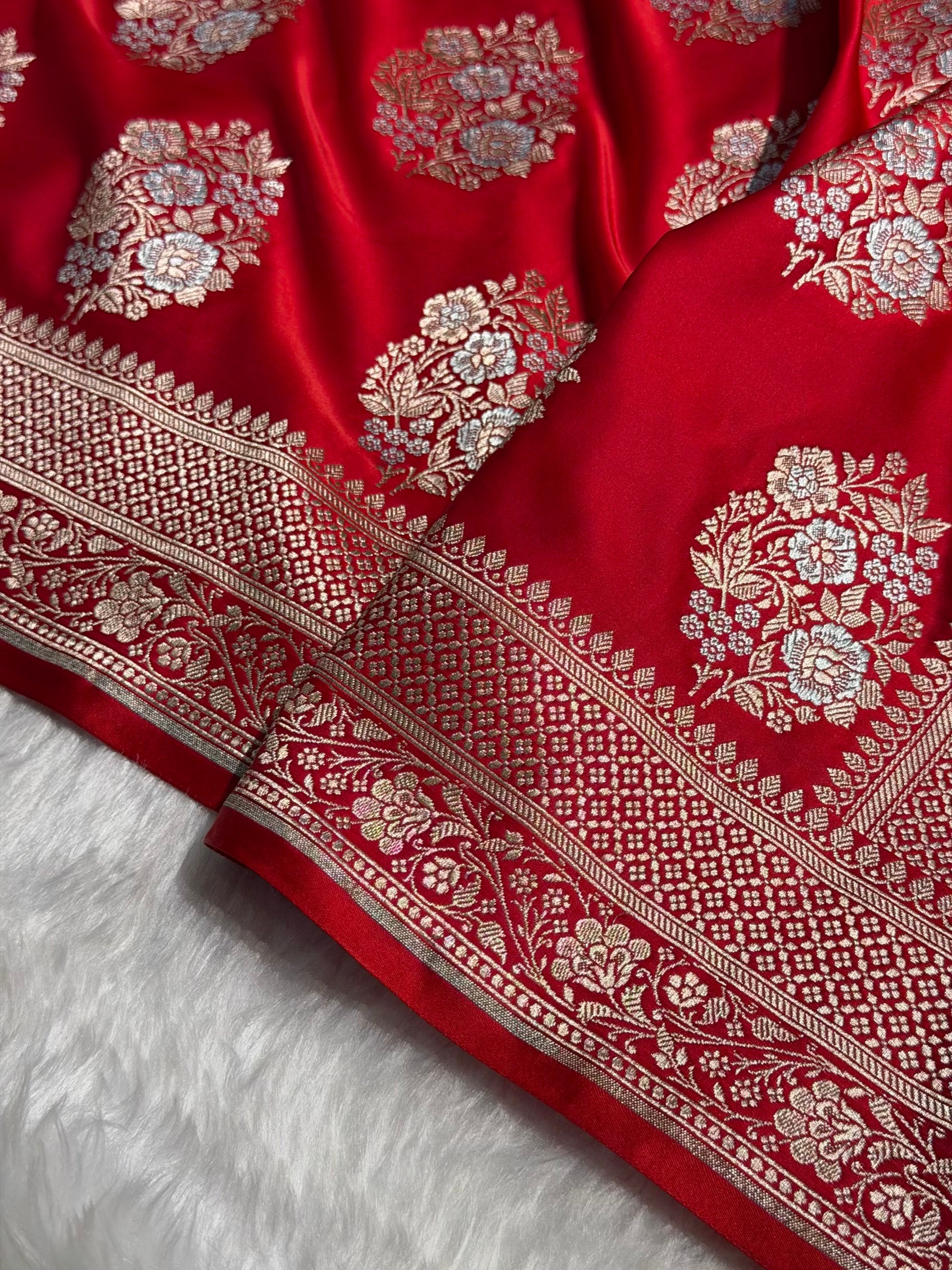 Premium Banarasi Satin Katan Saree With Minakari Boota in Red Shades SK93