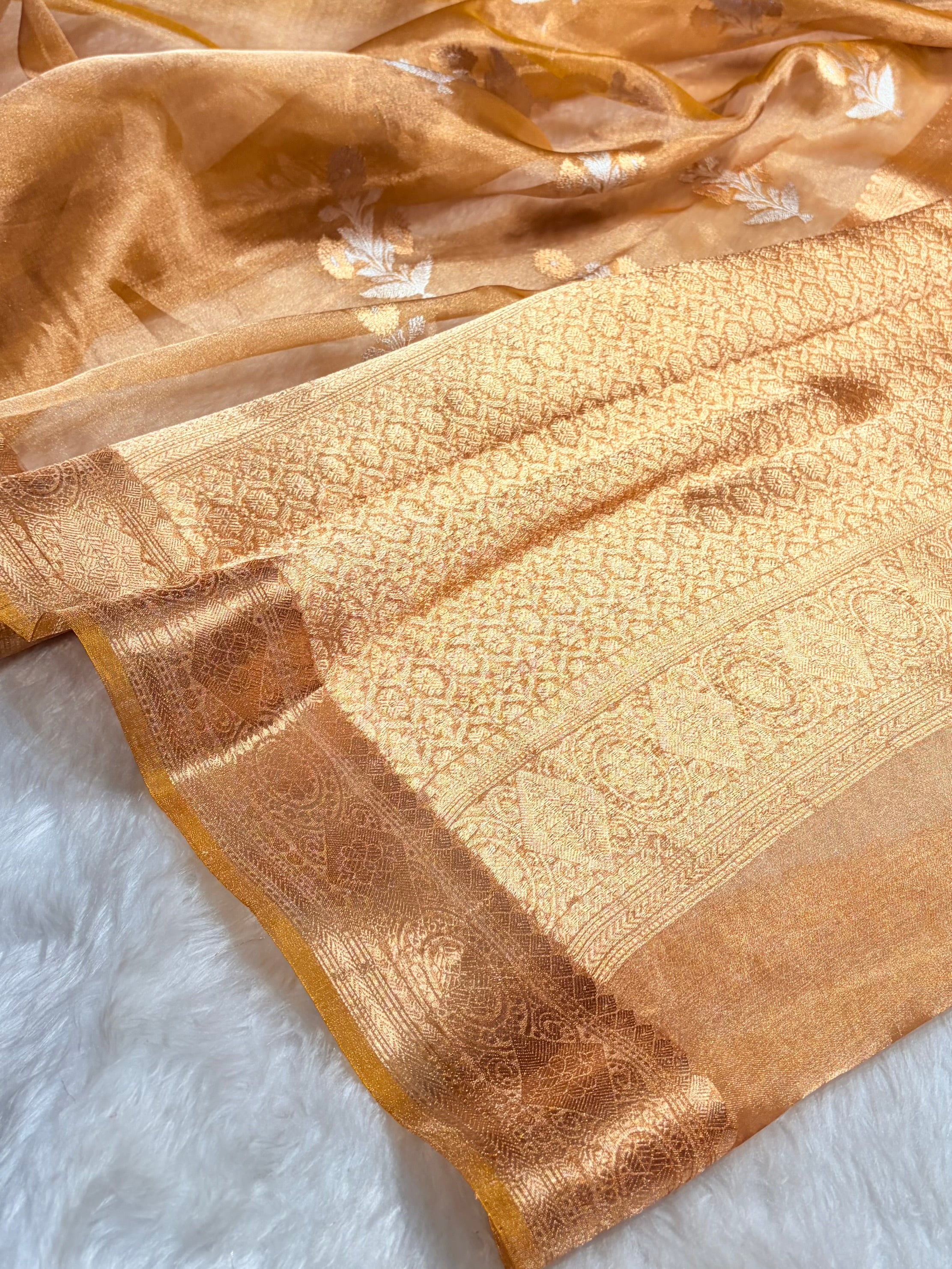 Mustard Gold Bananasi Floral Shades Pure Tissue Silk Saree PT-37