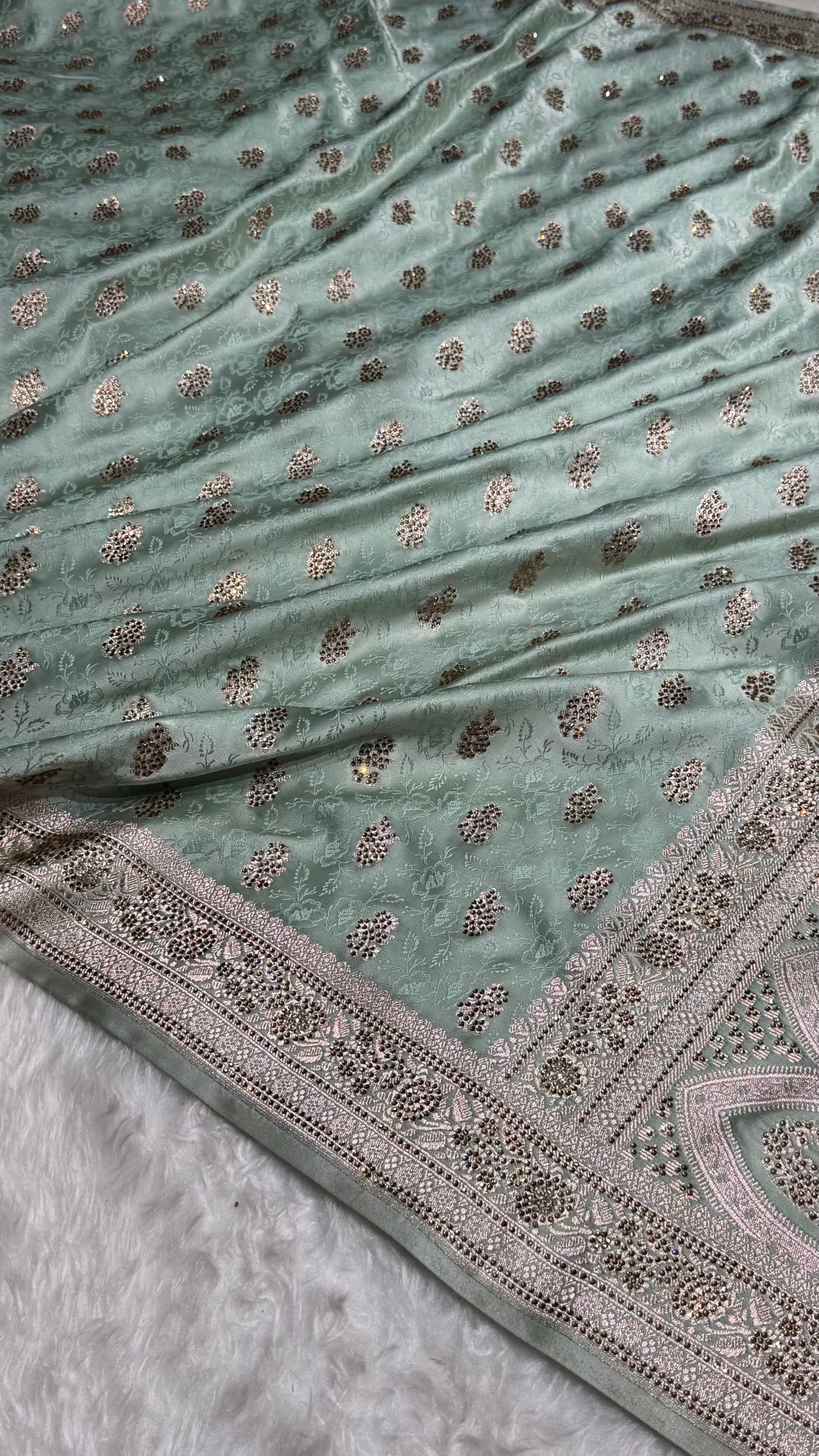 Sea Green Shades Tanchoi Motif With Swarovski Work Mashru Silk Saree BMST-10