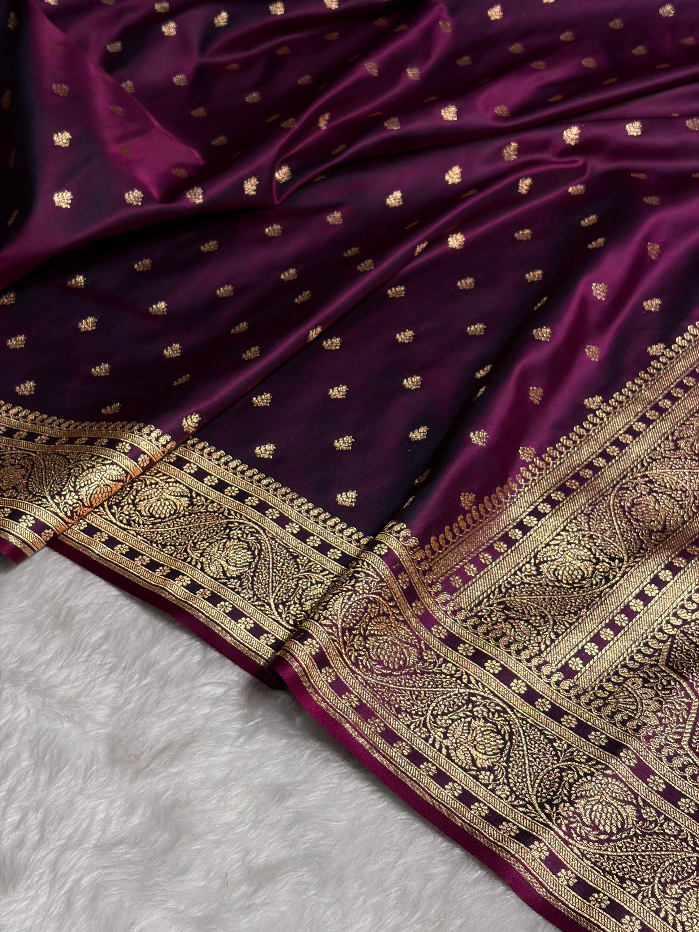 Wine Floral Pattern Satin Katan Silk Saree SK78