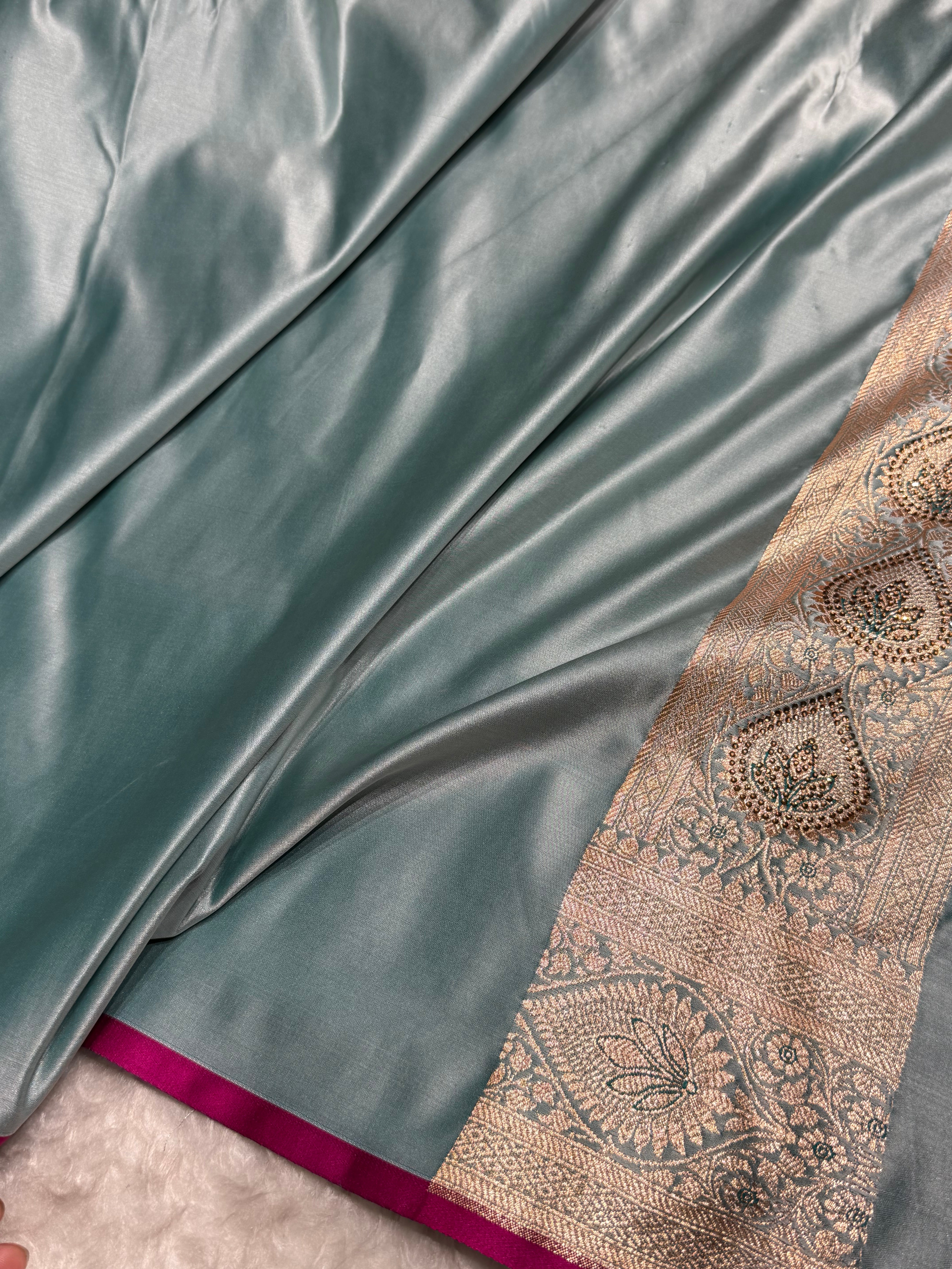 Turquoise Swarovski Work Booti Satin Katan Silk Saree BSK10 (W)