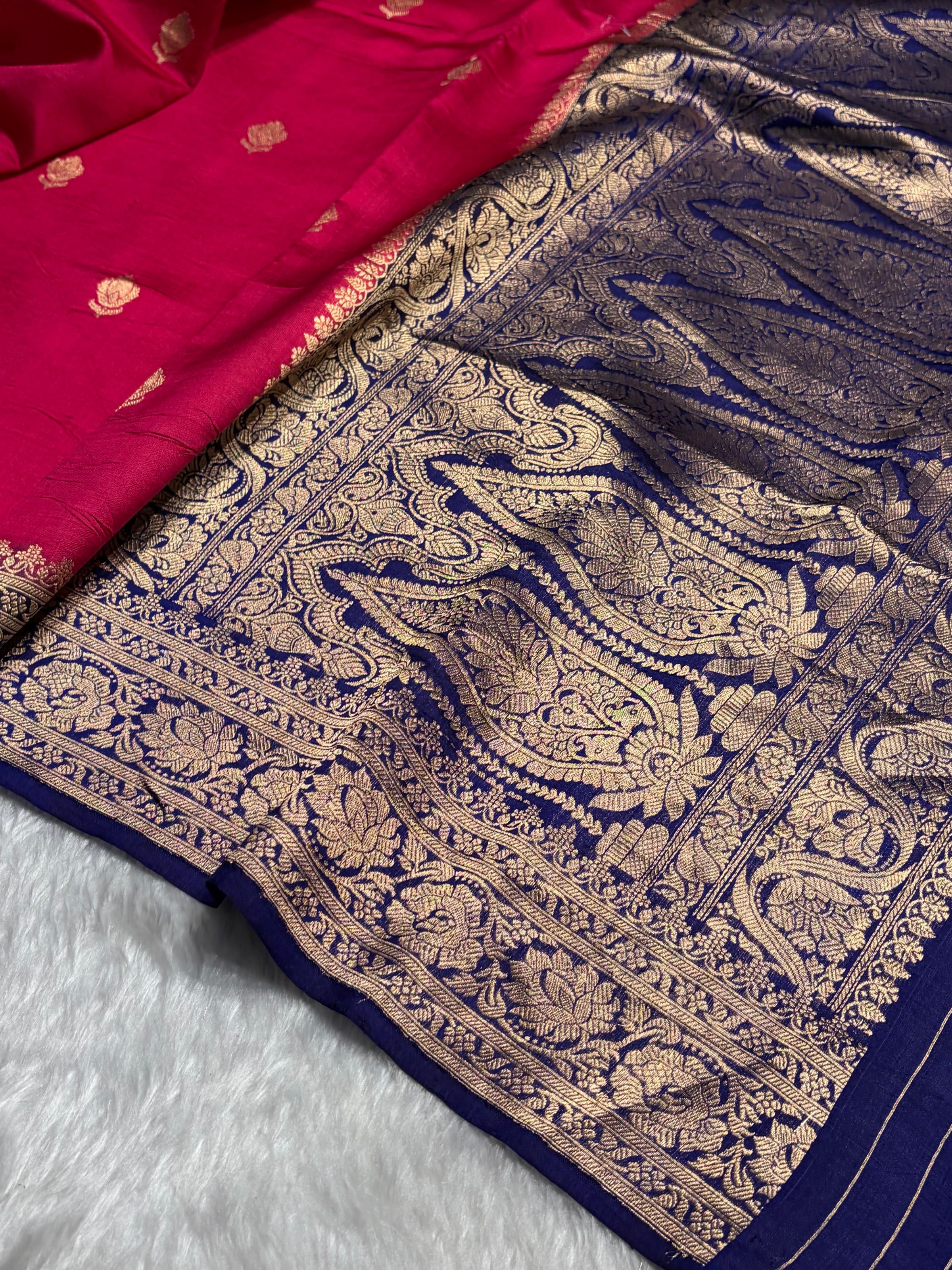 Contrast Rani With Purple Shades Boota Handwoven Pure Raw Mango Silk RM-07