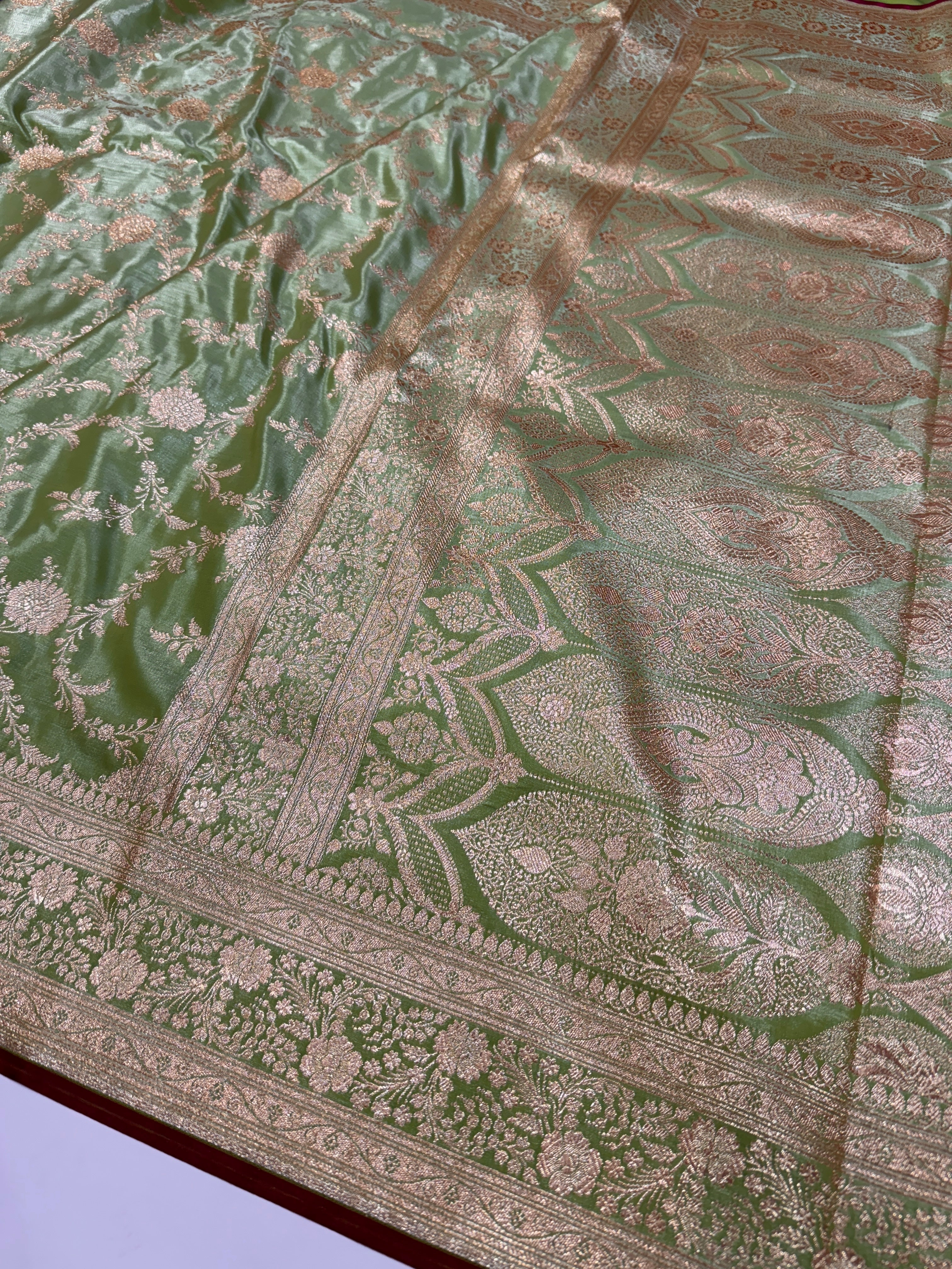 Ultra Light Weight Satin Silk Jaal in Light Pista Shades SS14