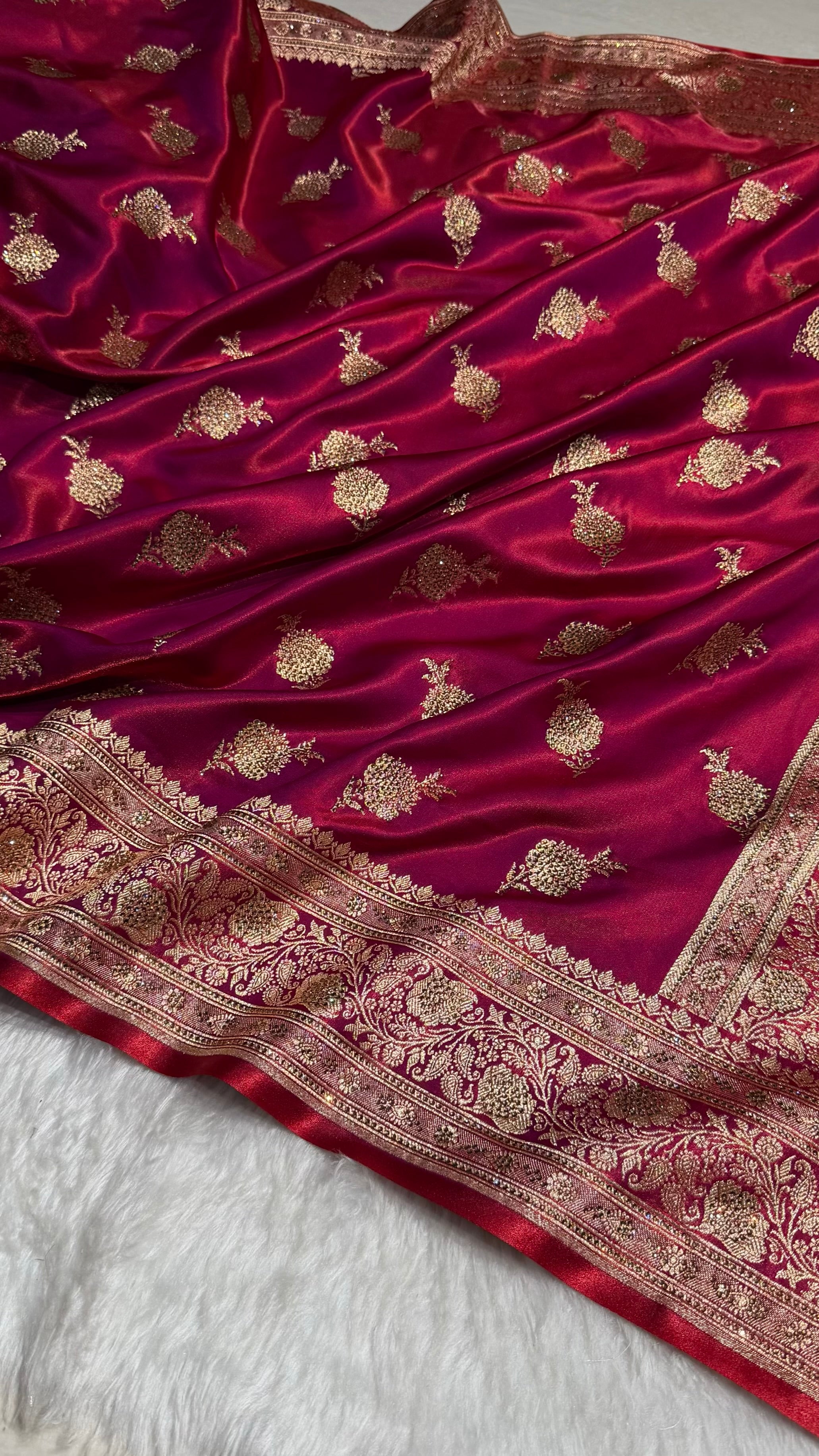 Satin Silk Saree Swarovski Work Floral Boota in Reddish Magenta Shades BSS26