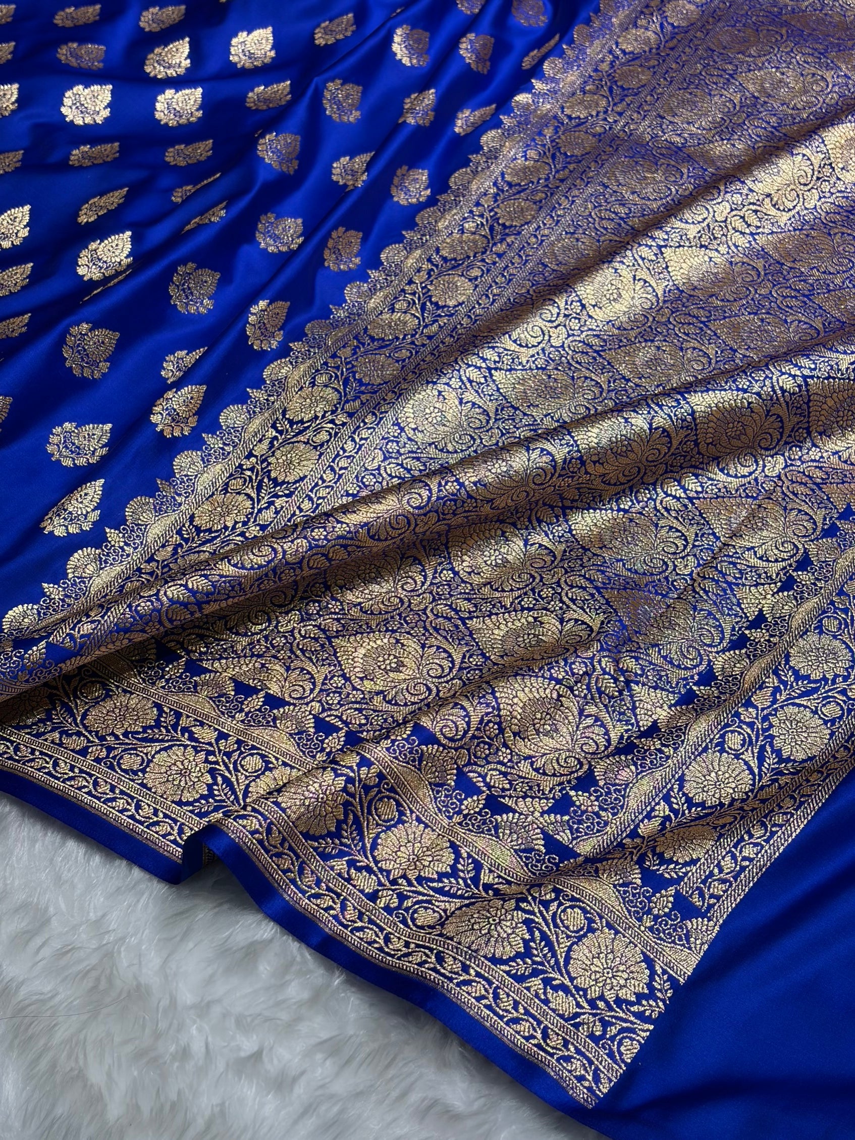 Royal Blue Floral Boota Pattern Satin Katan Silk saree SK45