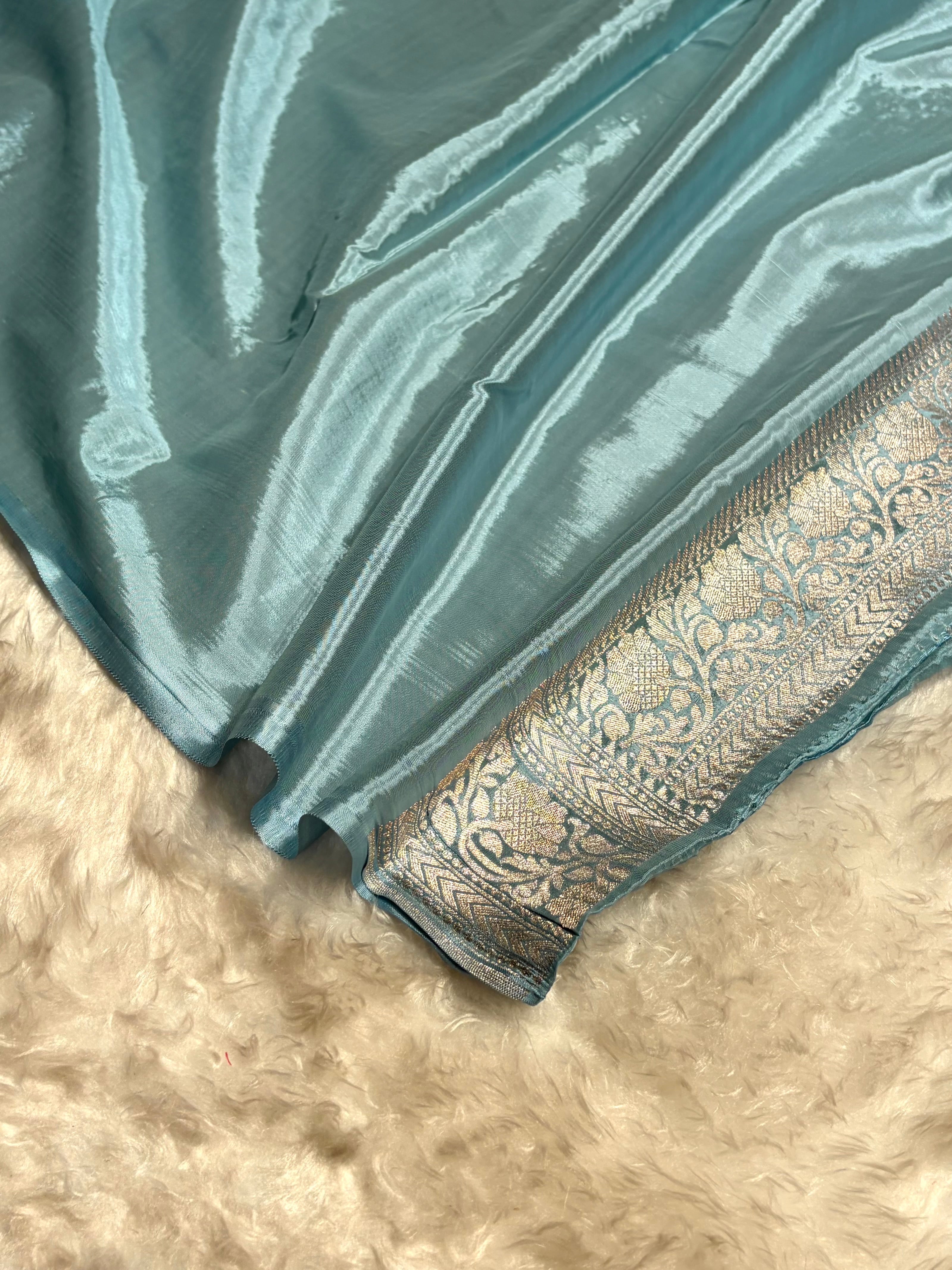 Powder Blue Shades With Contrast Border Crepe Silky Katan Banarasi Saree CSK-04