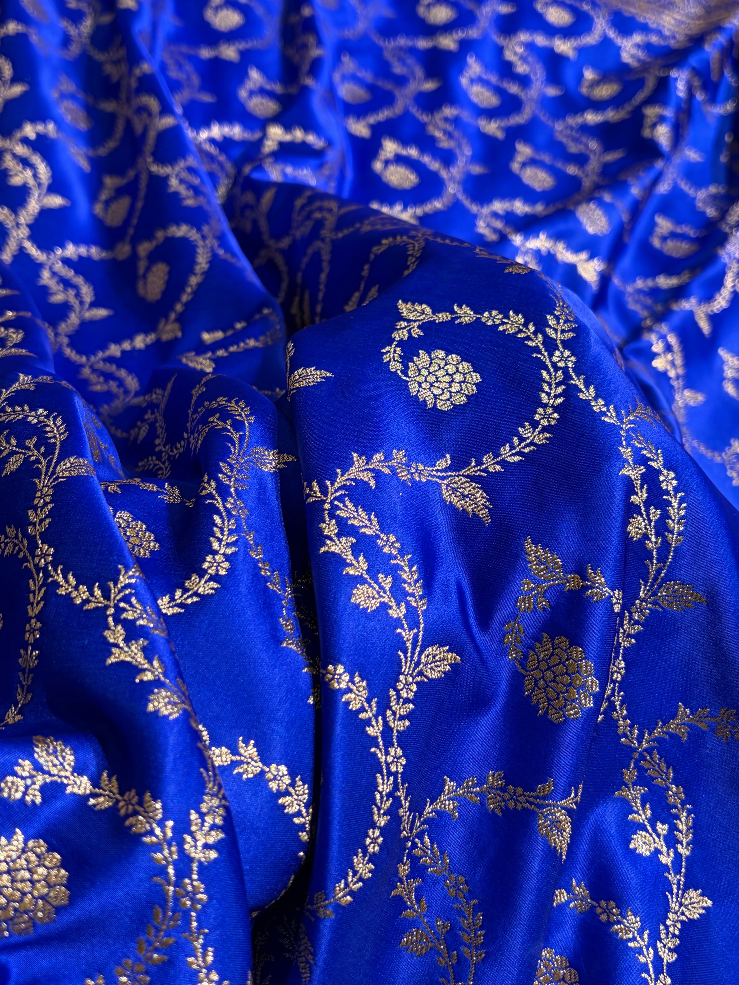 Royal Blue Shades Floral Jaal Pattern Satin Katan Silk saree SK55