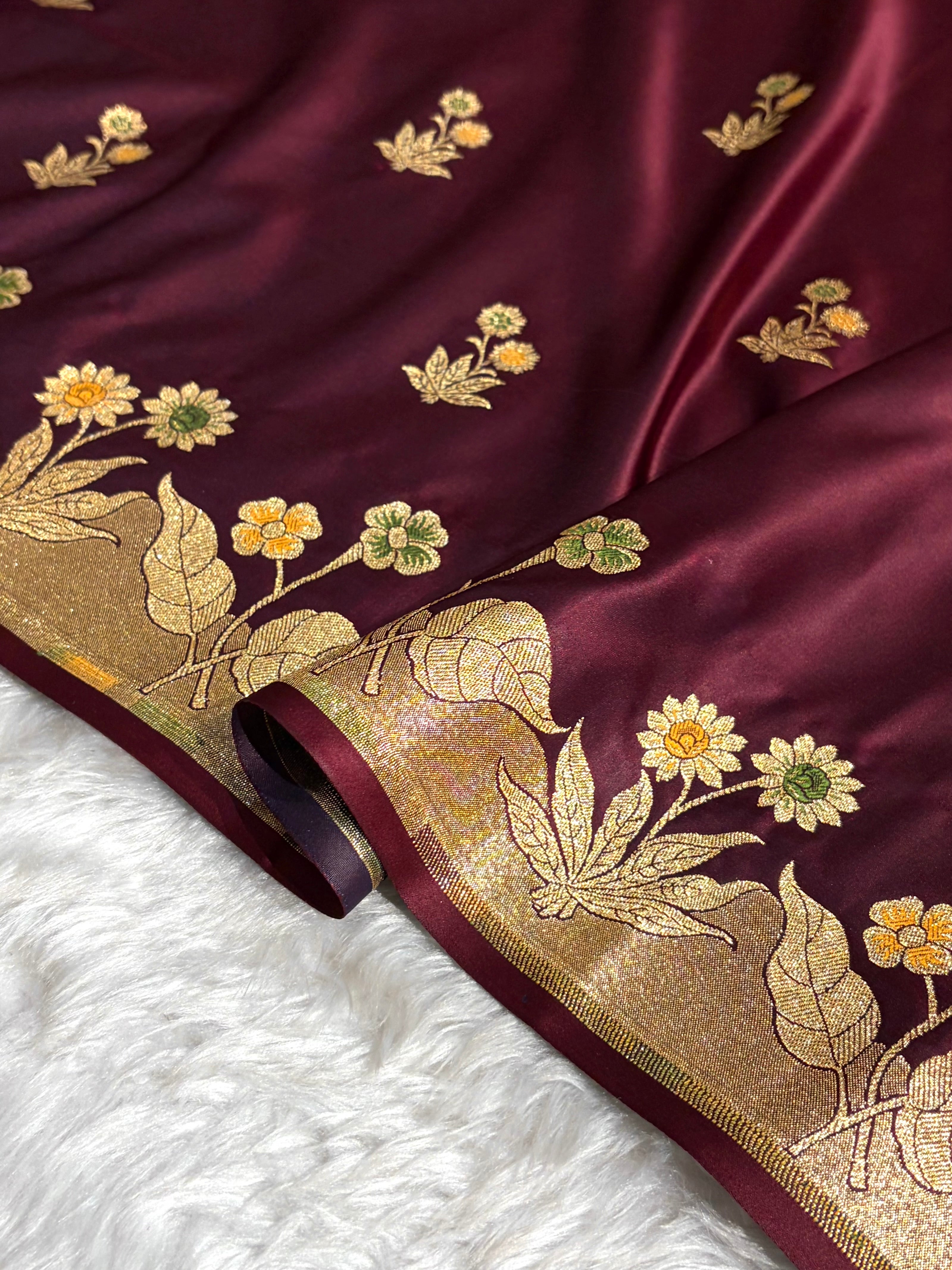 Banarasi Satin Katan Saree Minakari Booti Pattern in Garnet Shades SK139
