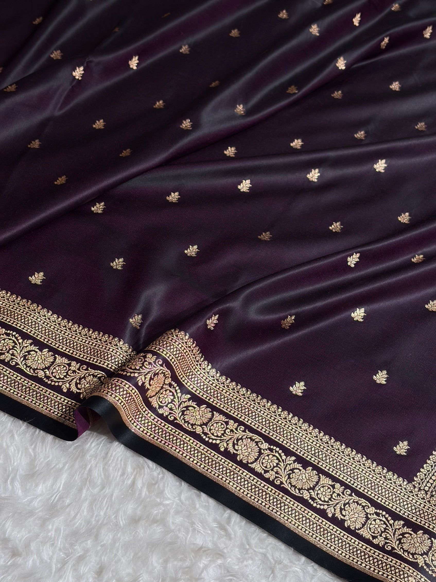 Banarasi Satin Katan Saree With Booti Pattern in Dark Wine Shades SK125