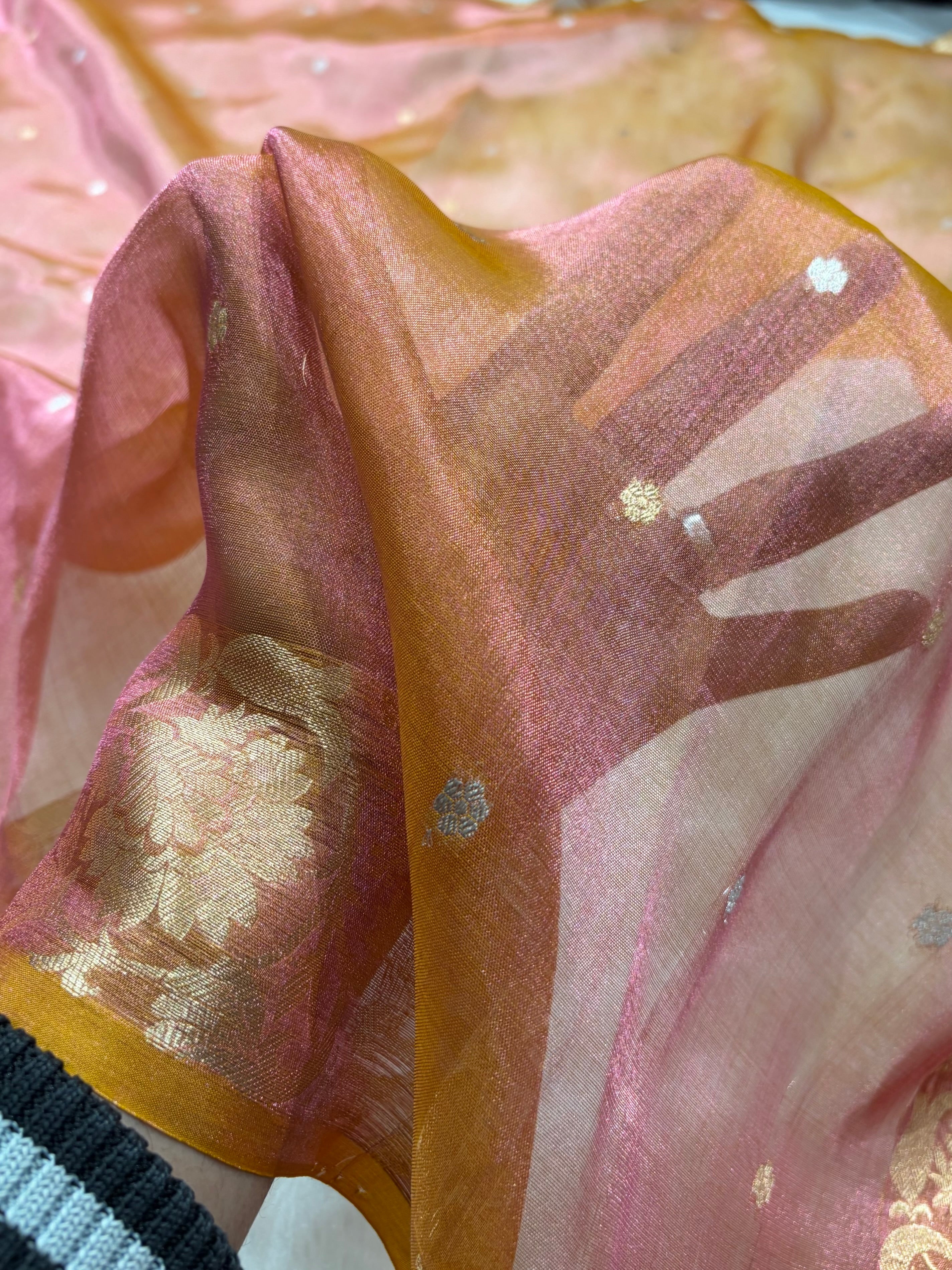 Cross Orange Bananasi Floral Shades Pure Tissue Silk Saree PT-42