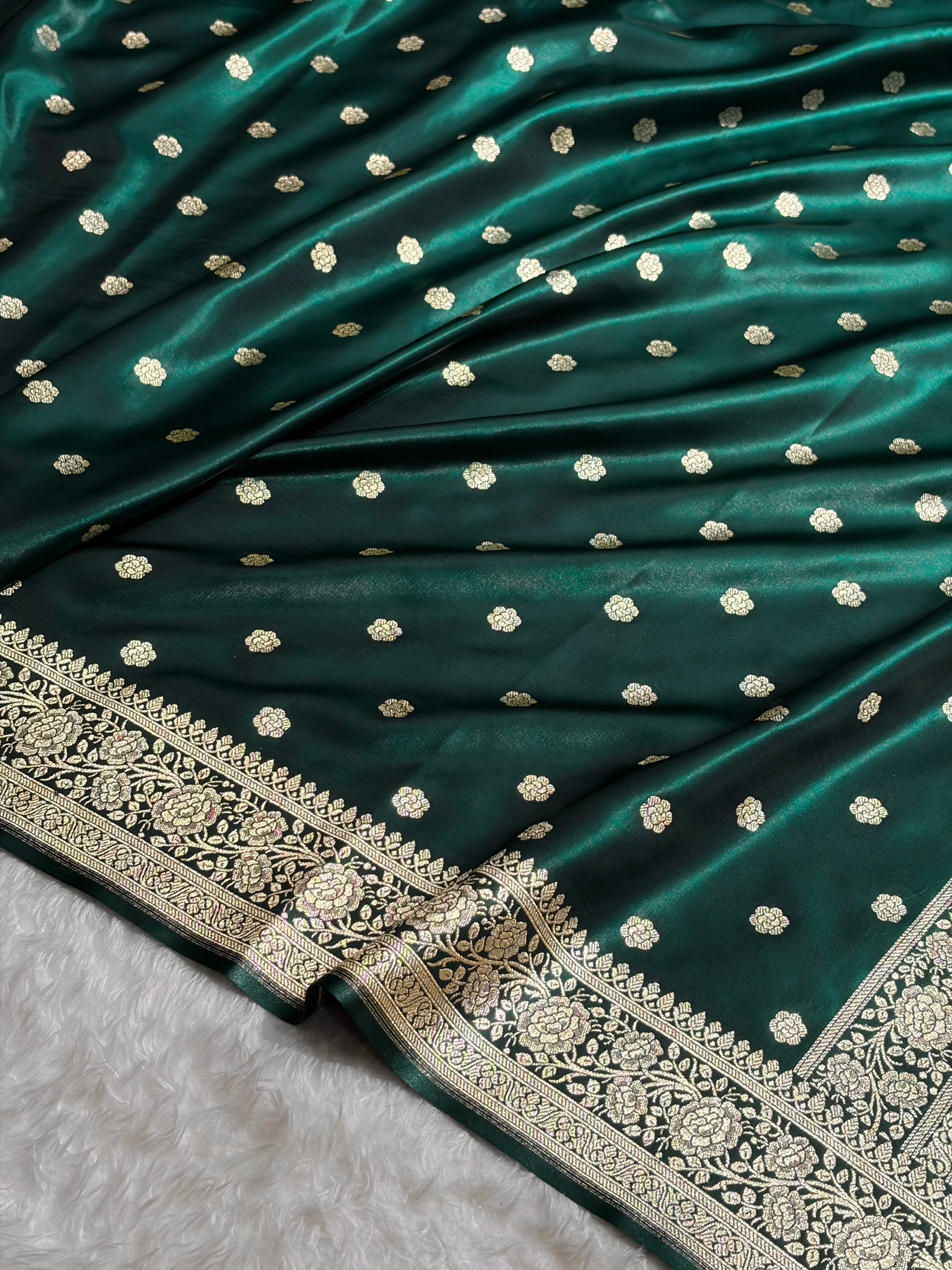 Banarasi Dark Bottle Green Shades Booti Pattern Banarasi Satin Silk Saree SS63