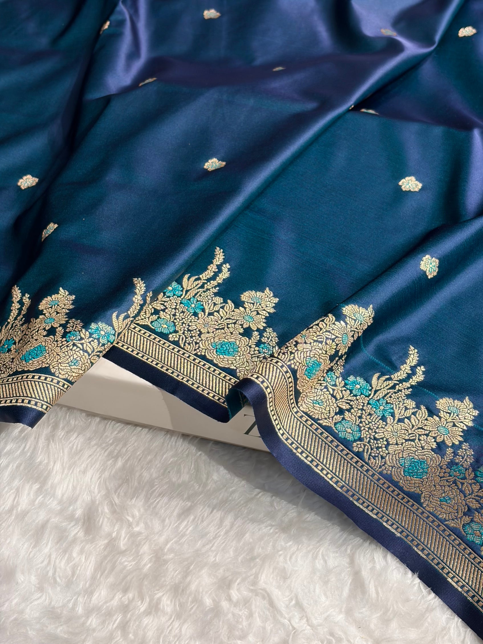 Banarasi Satin Katan Saree Booti Minakari Pattern in German Blue Shades SK136