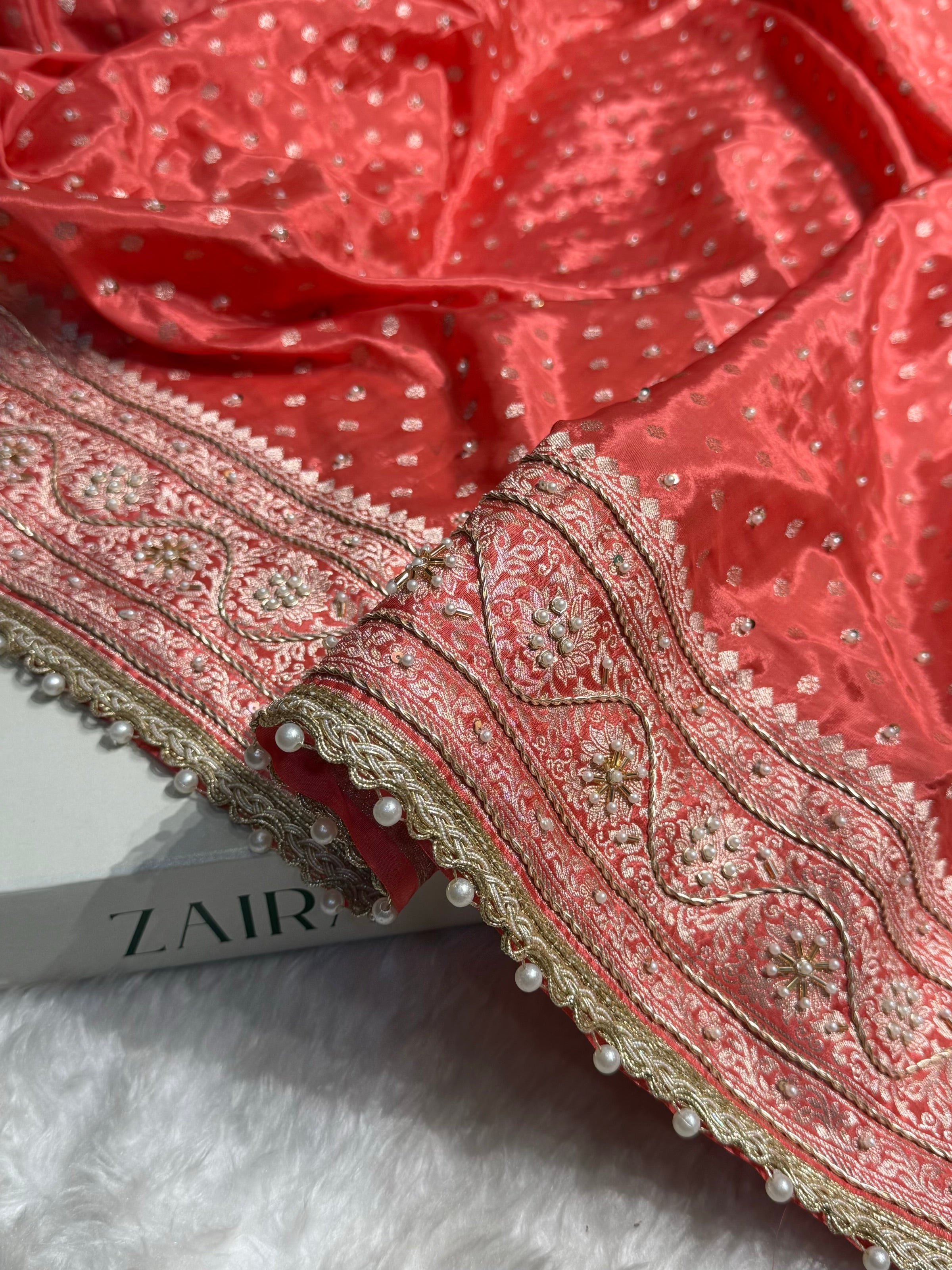 Pastel Orange Crepe Silk Katan With Zardozi and Gotta Patti Work Banarasi Saree BCSK-02