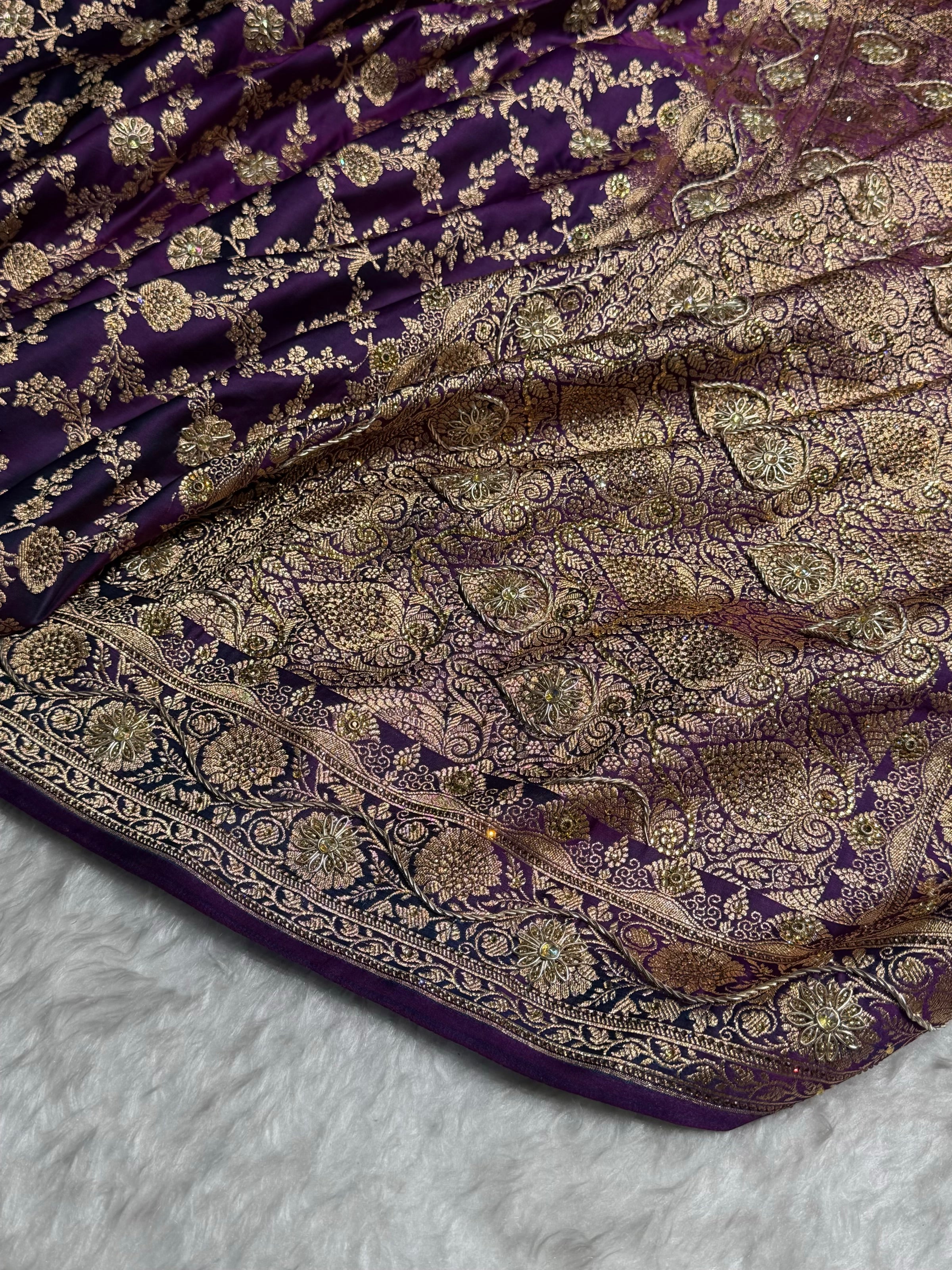 Wine Shades Jaal Floral Pattern With Zardozi And Swarovski Stone Work Satin Katan Silk Saree BSK80