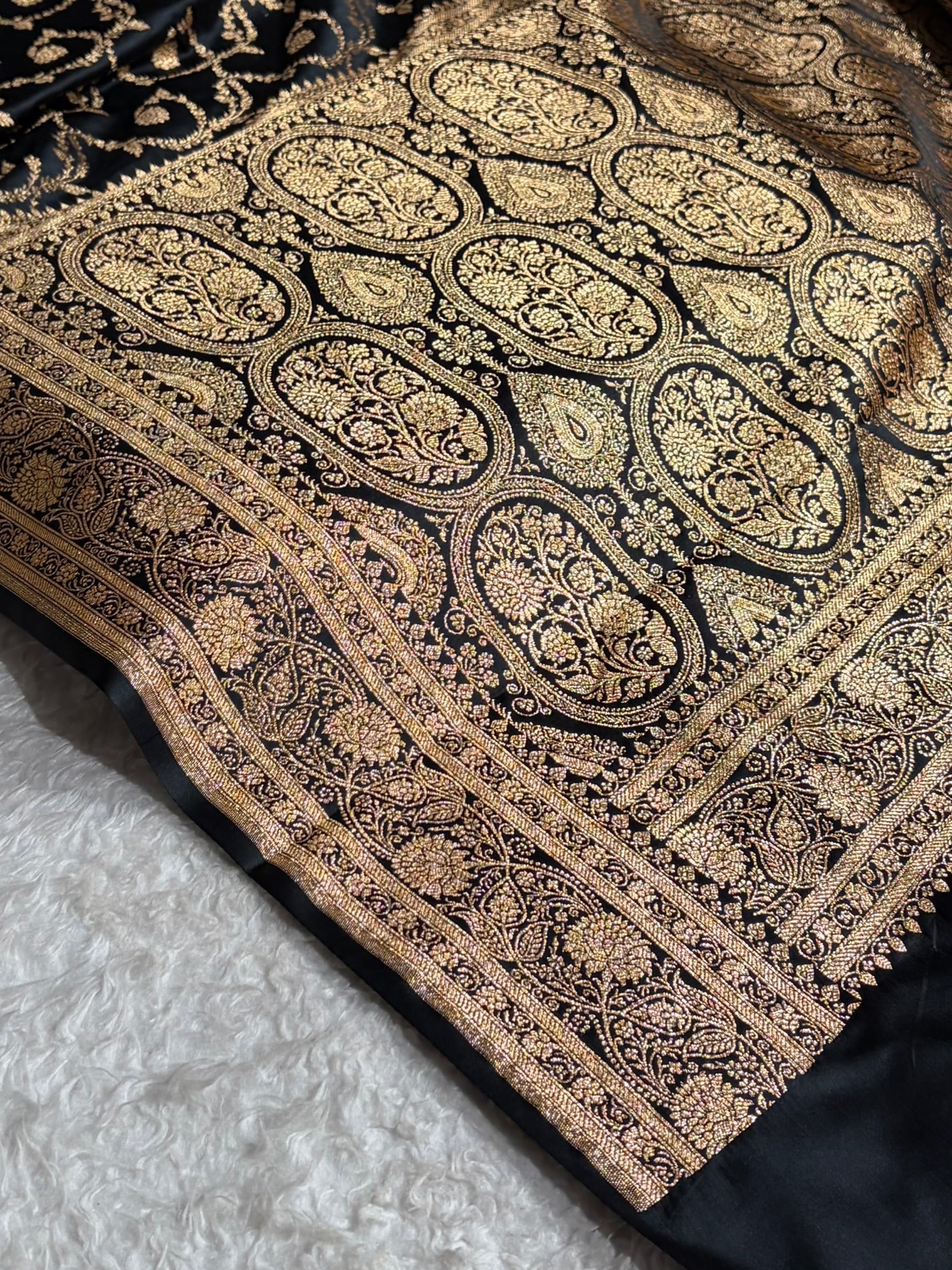 Black Floral Jaal Pattern Satin Katan Silk saree SK55