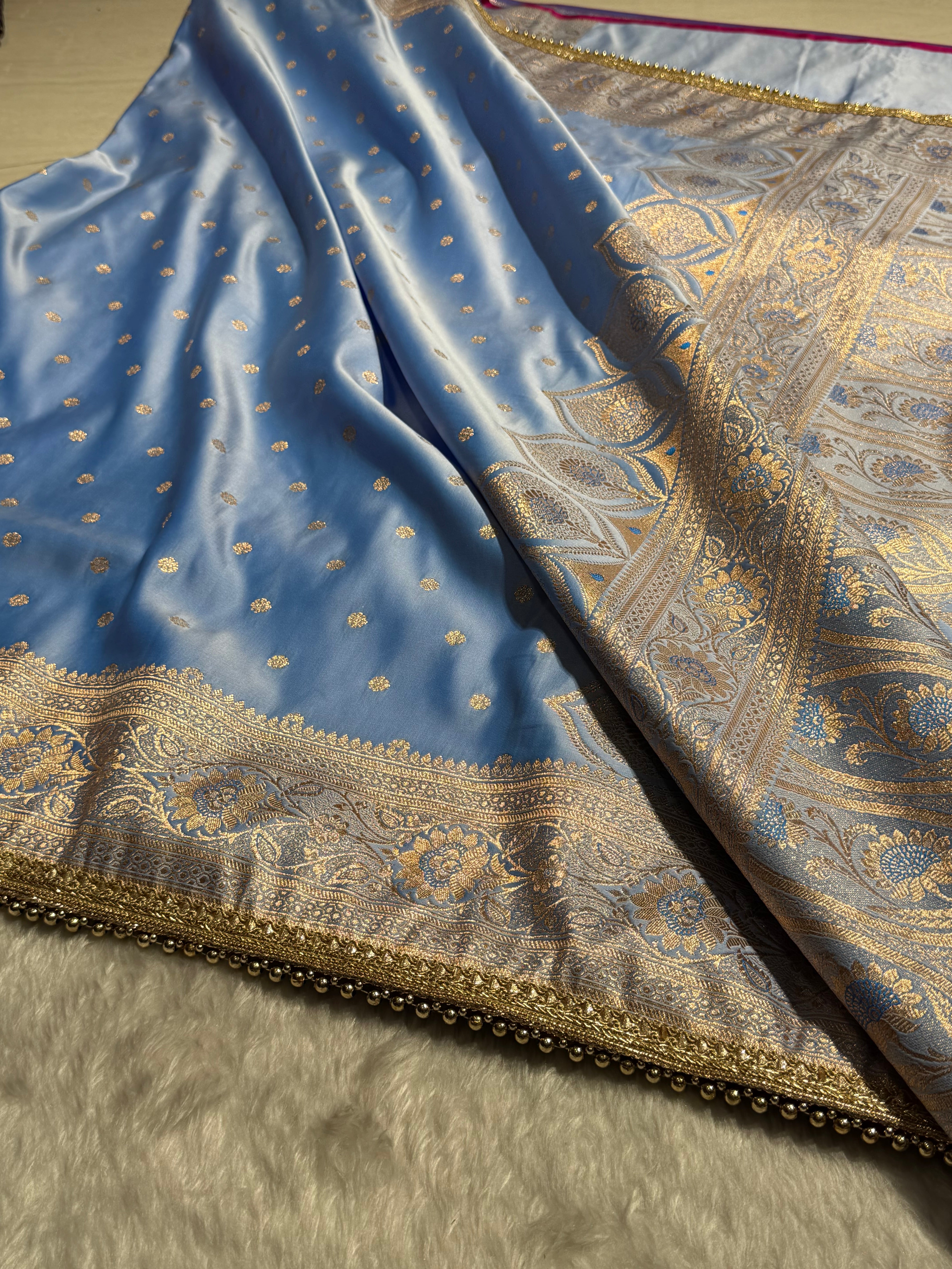 Powder Blue Satin Katan Silk Saree With Gotta Patti SKGP11
