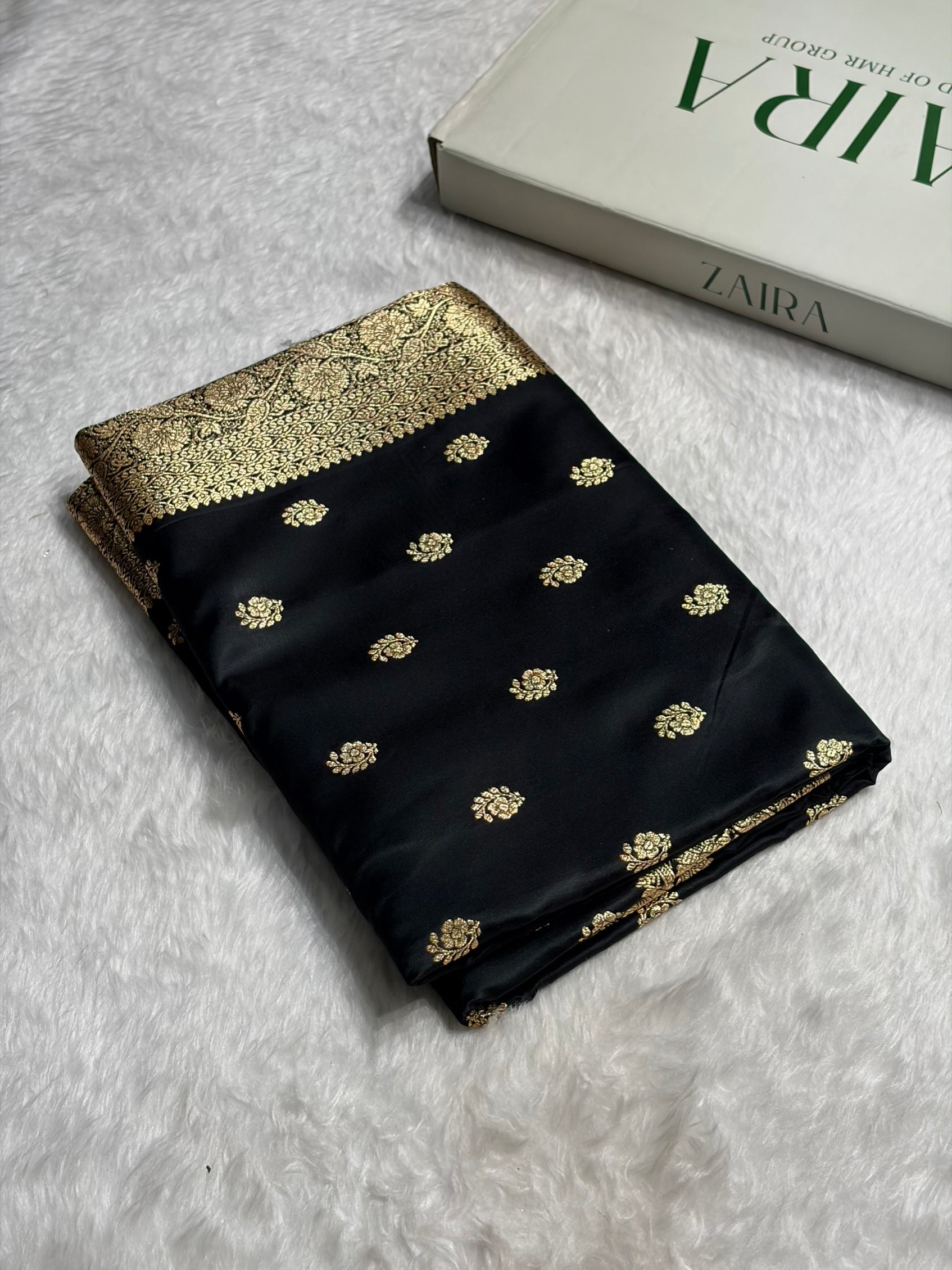 Black Floral Boota Pattern Satin Katan Silk Saree SK72