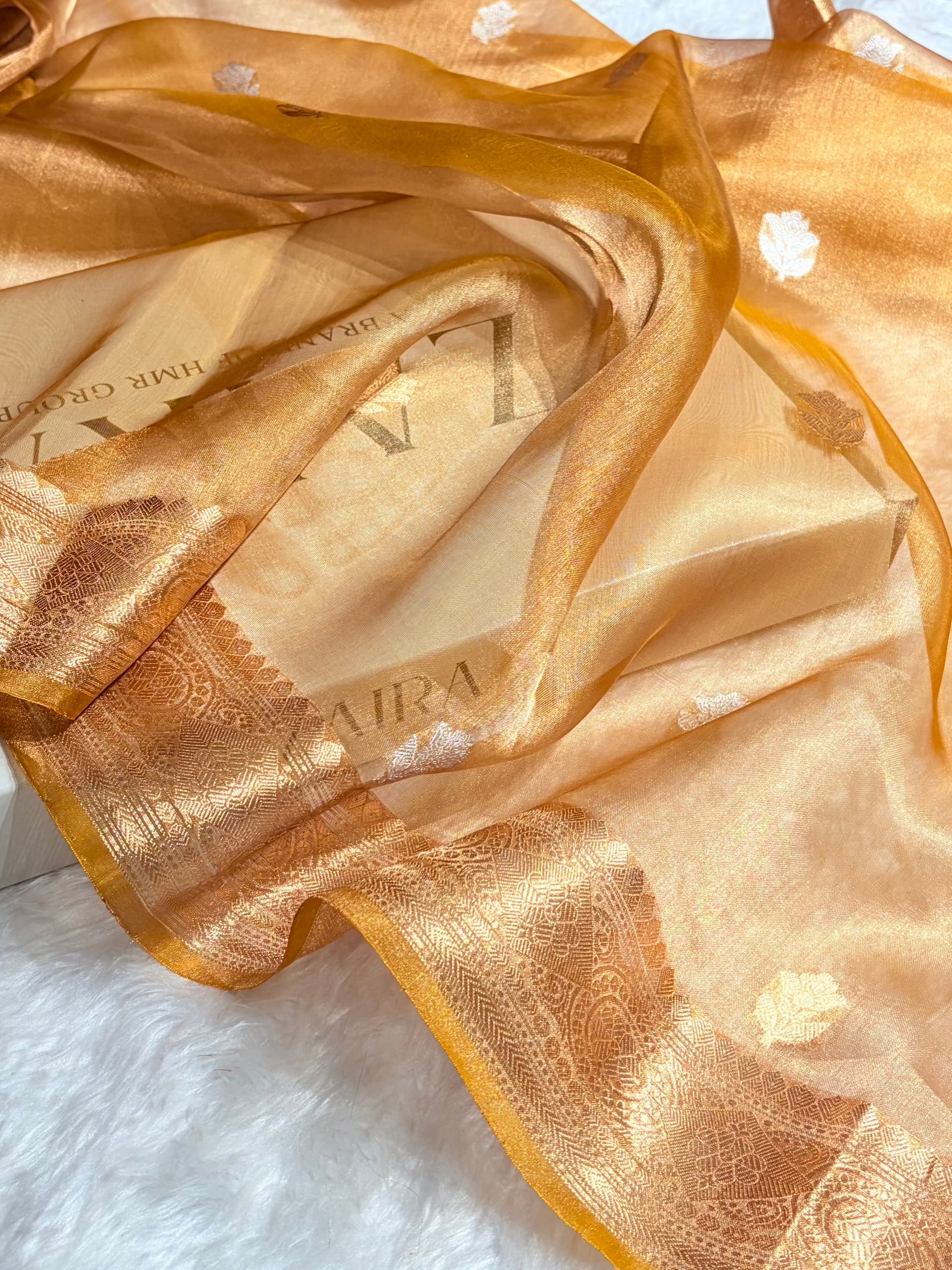 Mustard Gold Bananasi Floral Shades Pure Tissue Silk Saree PT-37