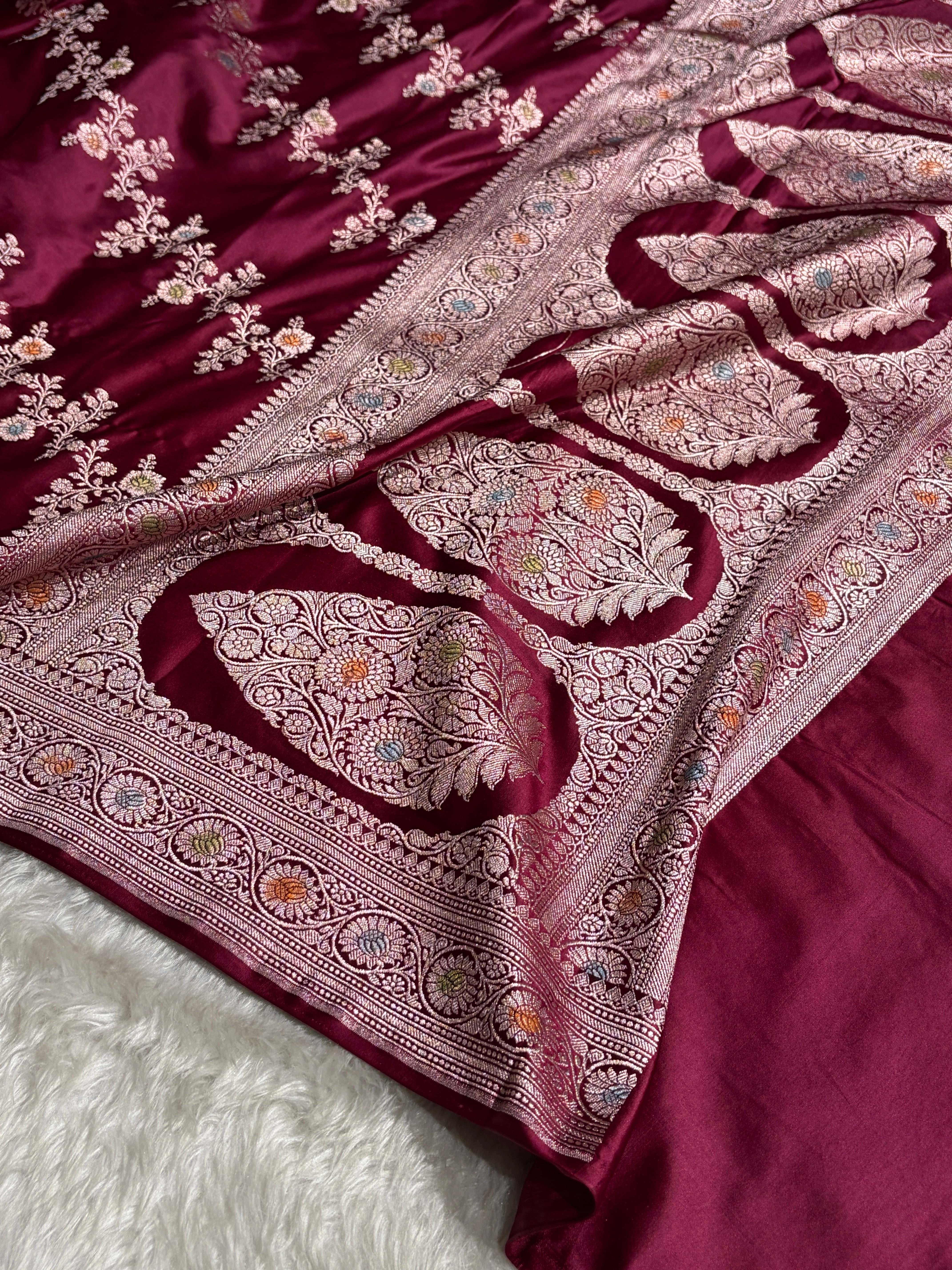Wine Minakari Banarasi Cross Mashru Silk Saree MS01