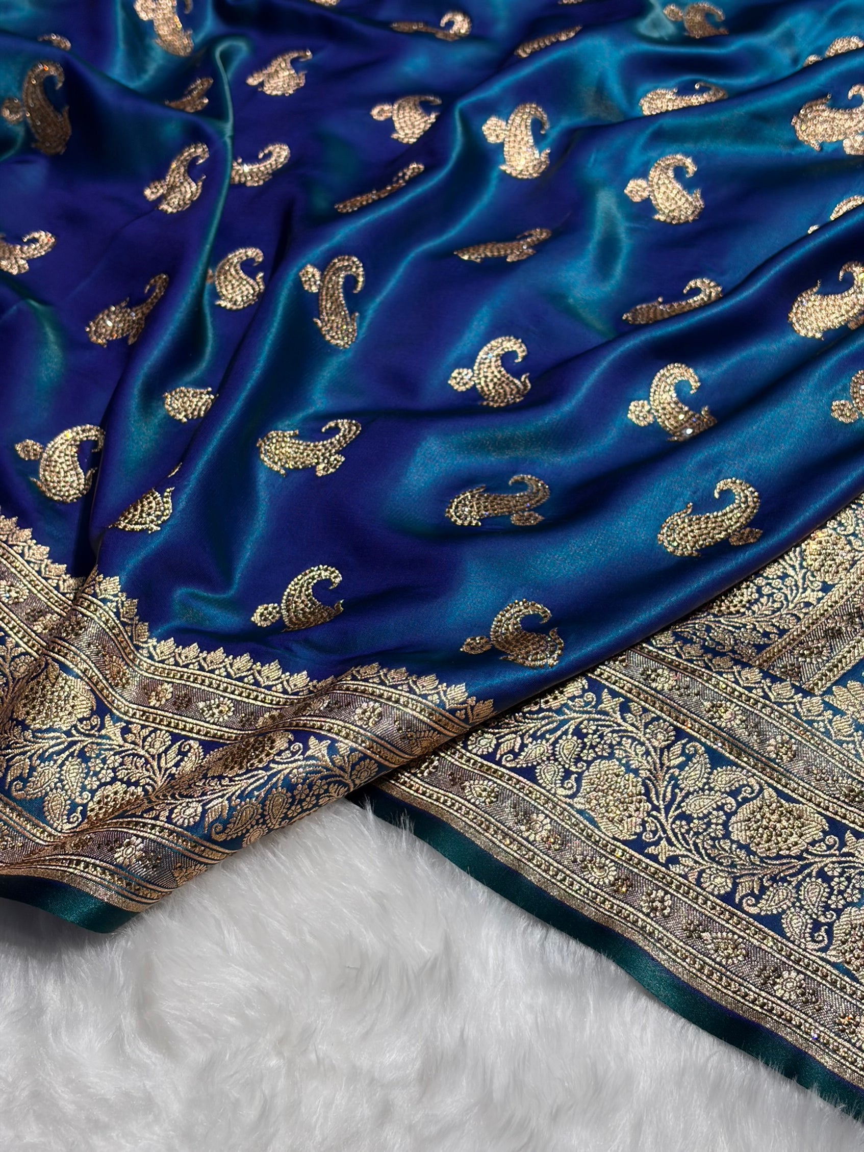 Satin Silk Saree Swarovski Work Floral Boota in Peacock Shades BSS27