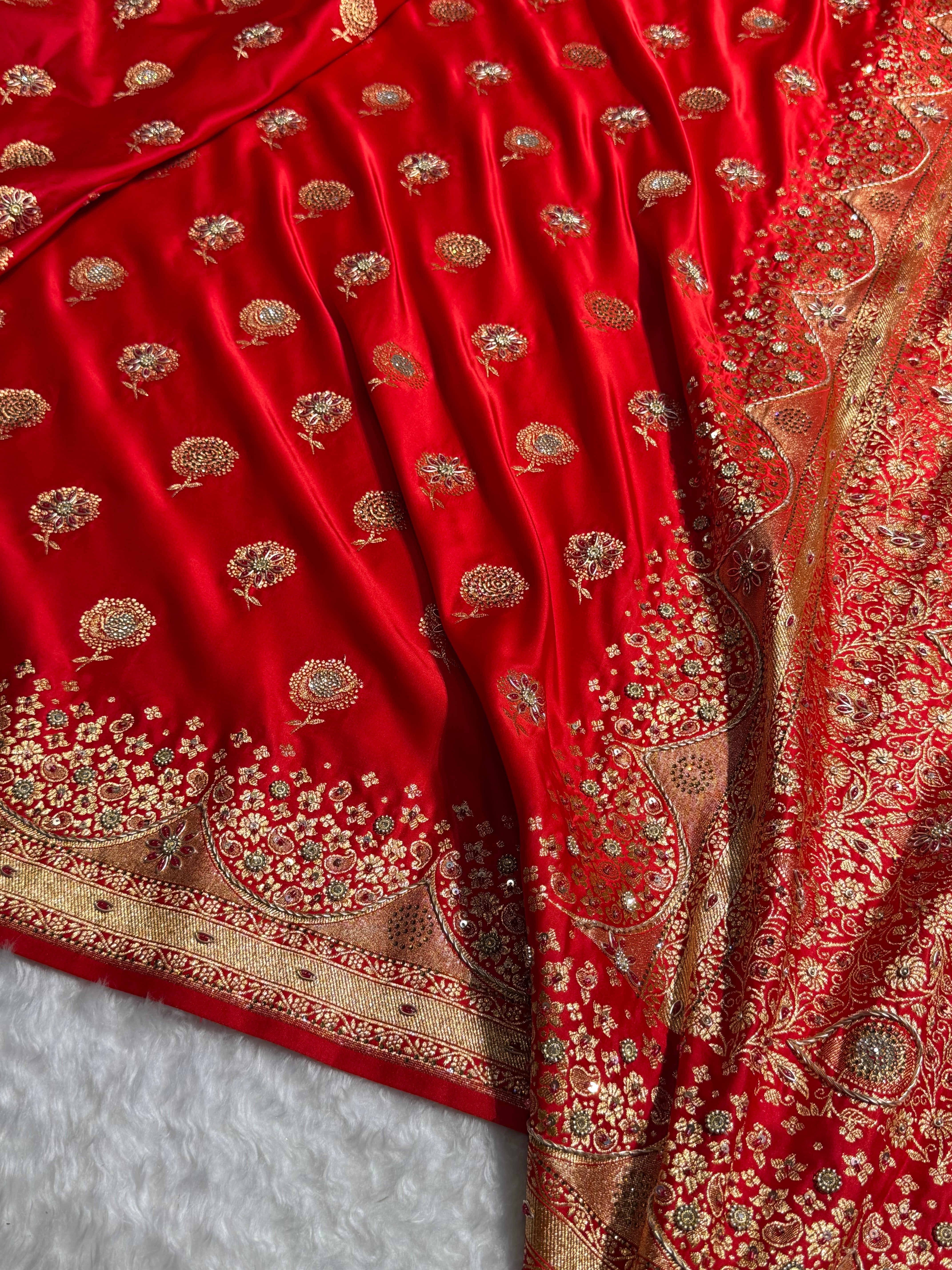 Banarasi Satin Katan Saree With Ari & Zardozi Work Boota in Red Shades BSK111