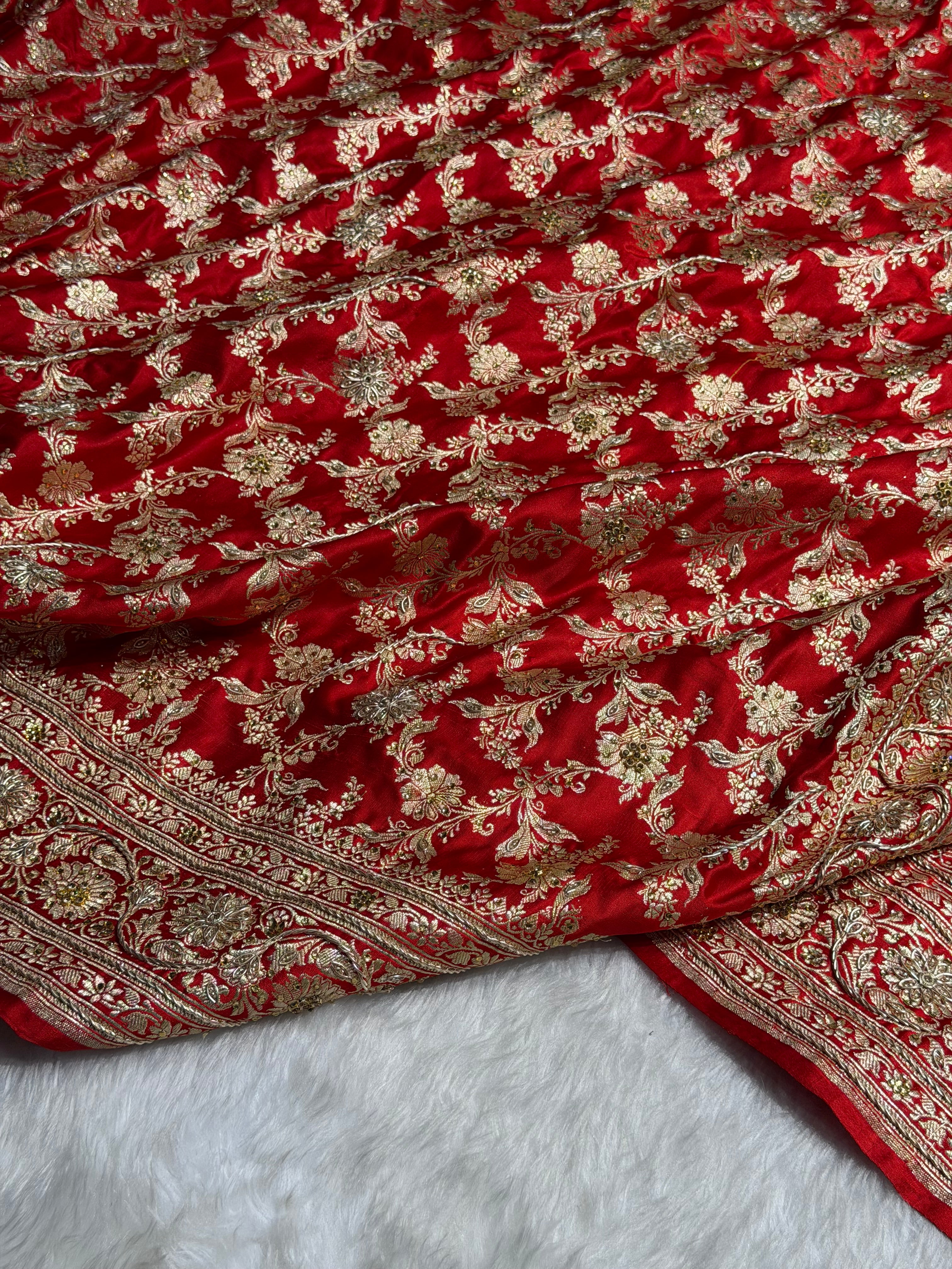 Bridal Red Pure Katan Silk Banarasi Saree with Zardozy, Ari and Stone work PBSK01