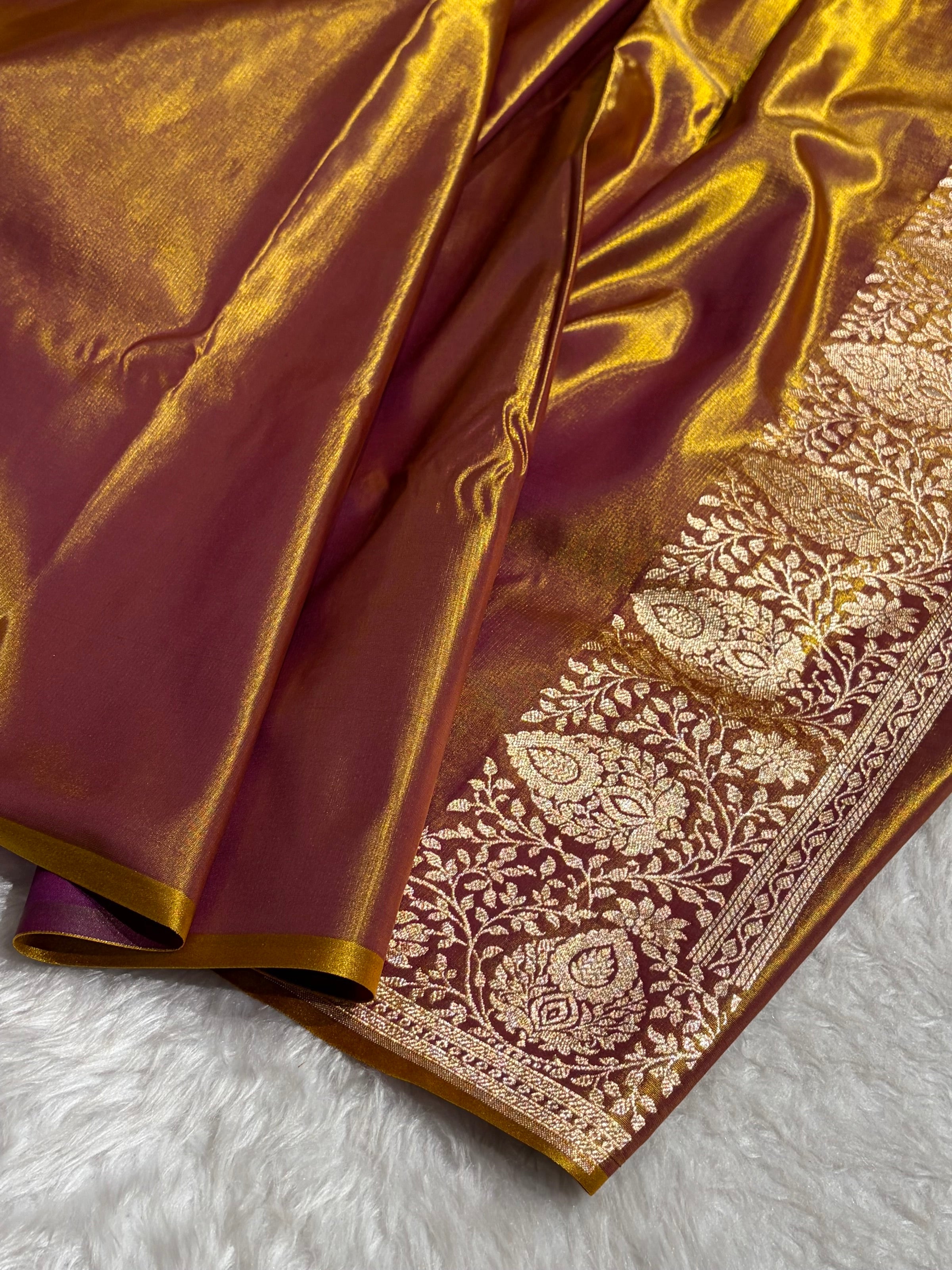 Satin Silk Saree Floral Boota in Magentic Gold Shades SS28