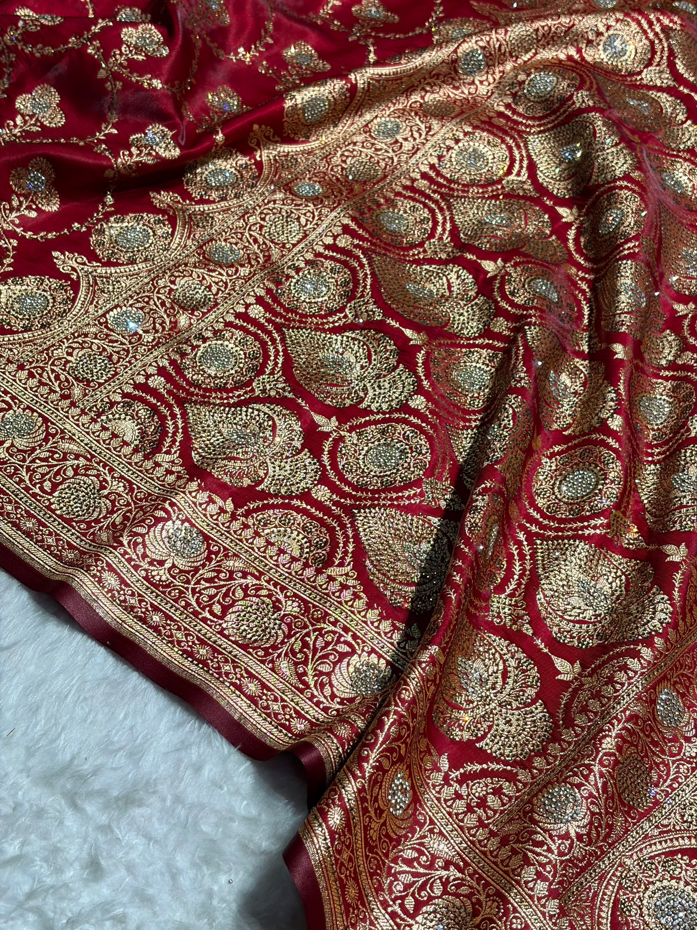 Satin Silk Saree Banarasi Swarovski Work Jaal in Maroon Shades BSS23 (R)