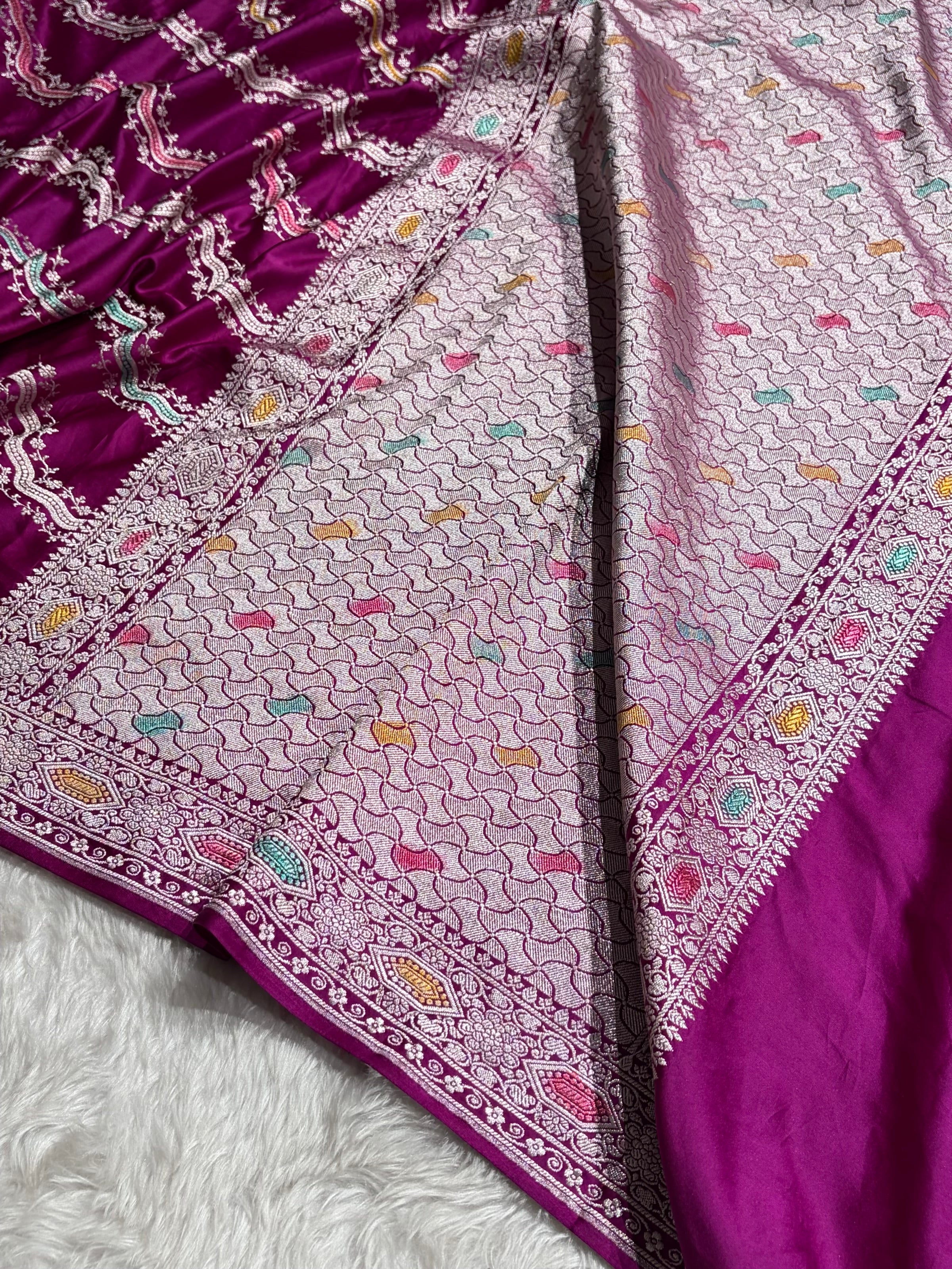 Banarasi Minakari Cross Pattern in Wine Shades Floral Mashru Silk Saree MCS93
