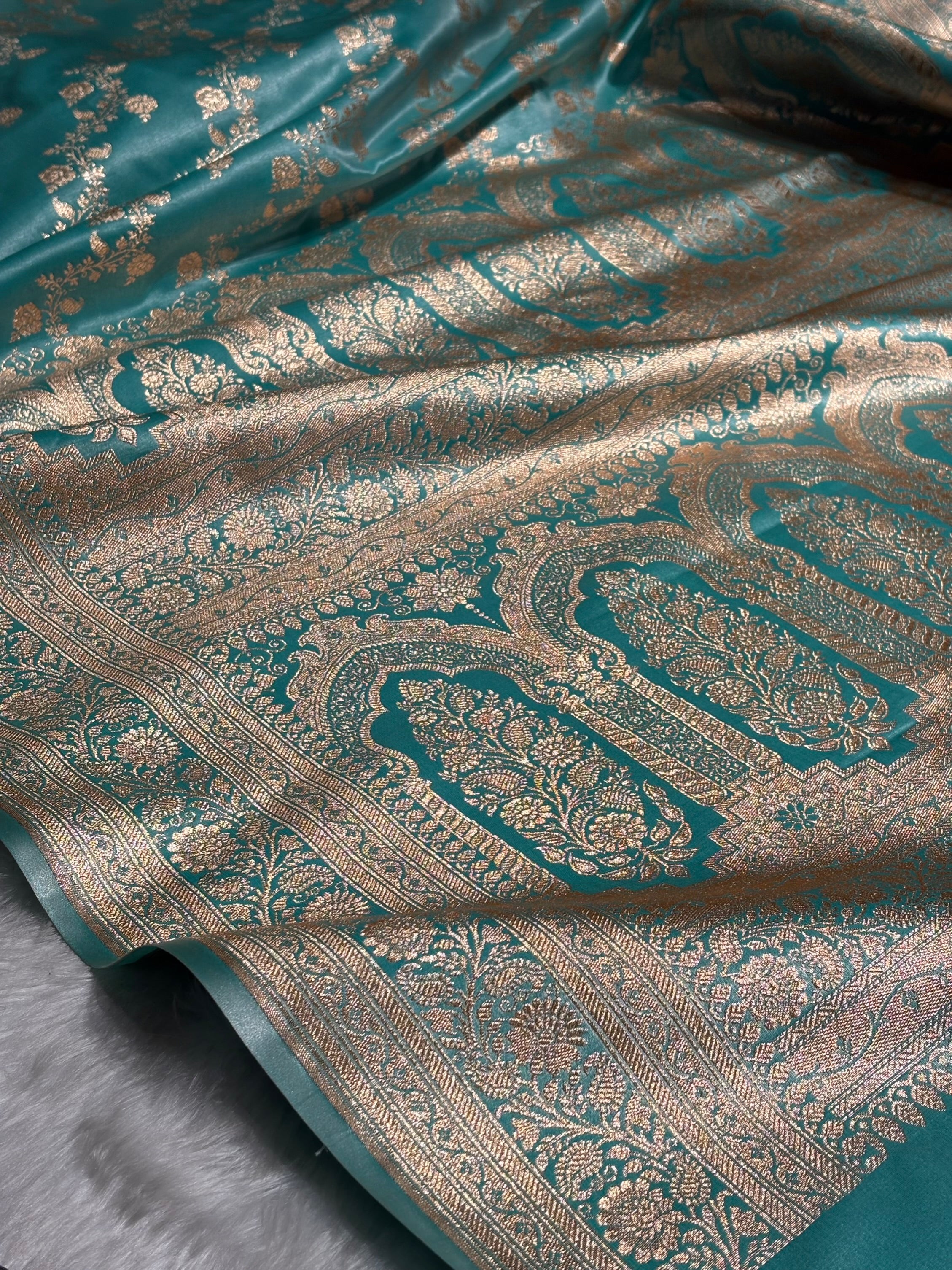 Sea Blue Shades Banarasi Cross Jaal Satin Silk Saree SS11
