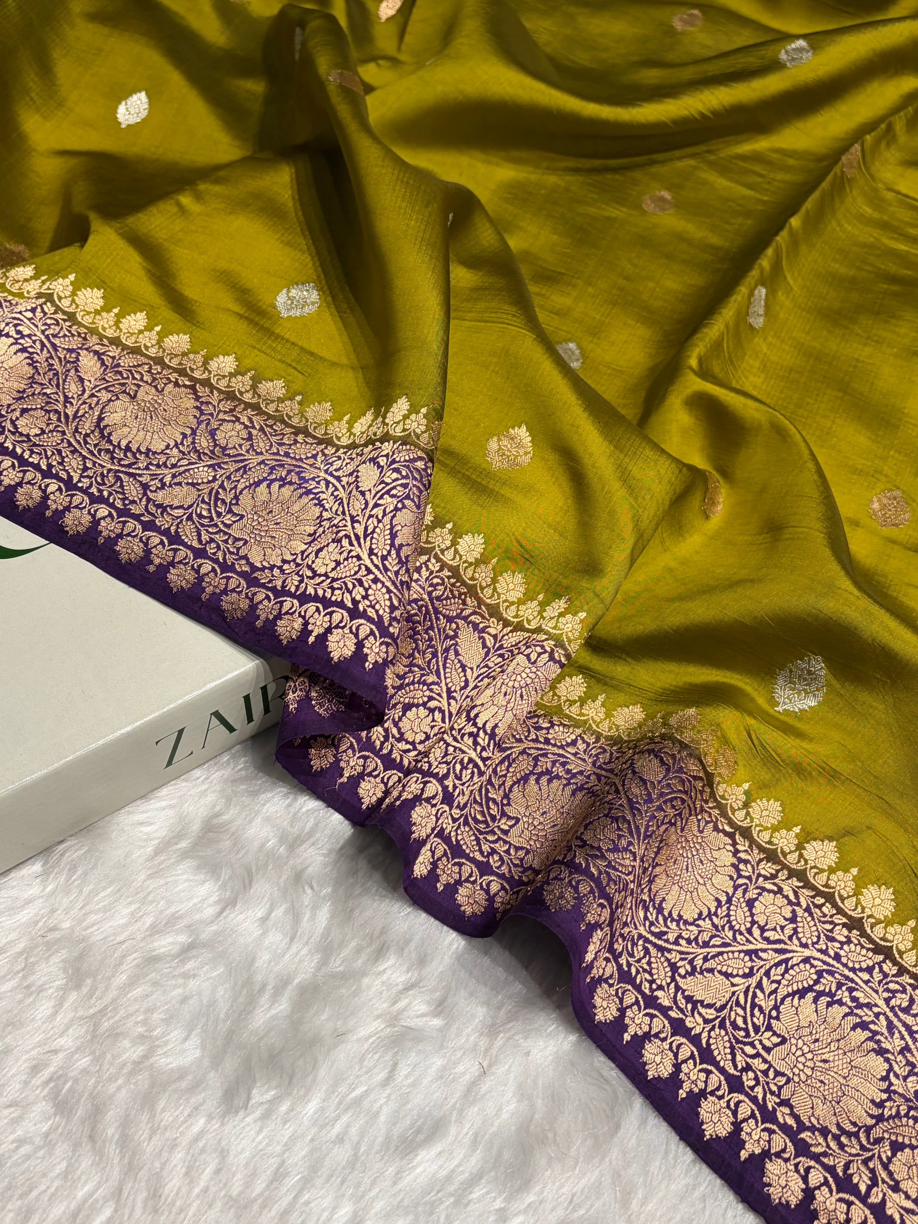 Contrast Mehendi With Purple Boota Handwoven Pure Katan Raw Mango Silk RM-33