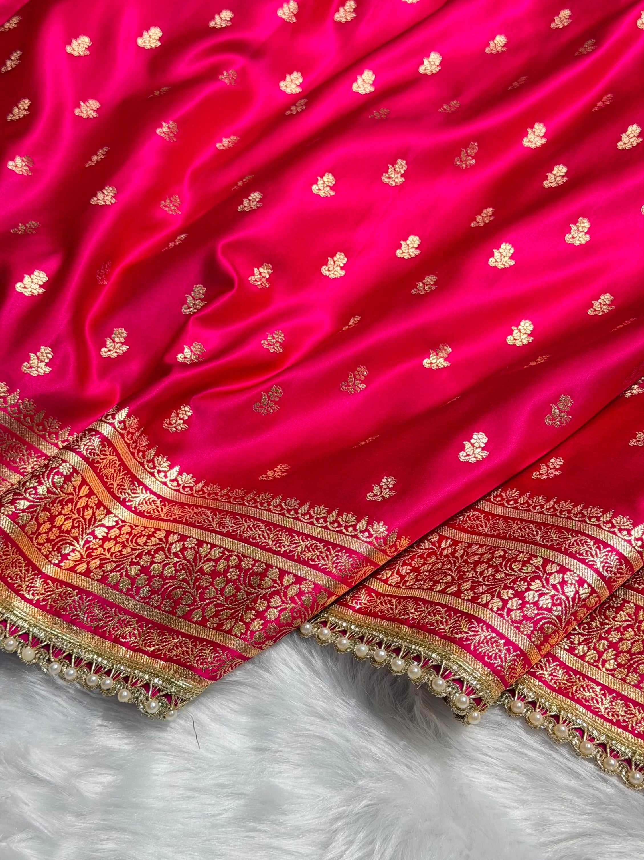 Banarasi Satin Katan Saree With Gotta Patti Boota in Rani Shades SKGP89