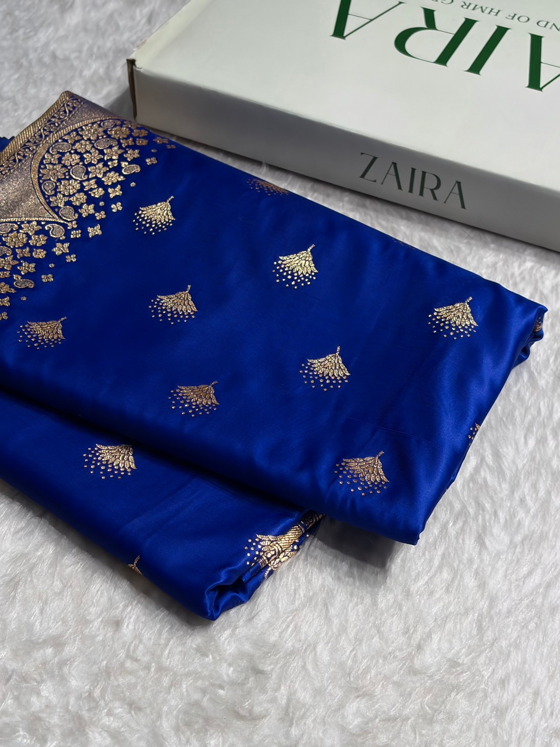 Royal Blue Floral Banasari Pattern Satin Katan Silk Saree SK83