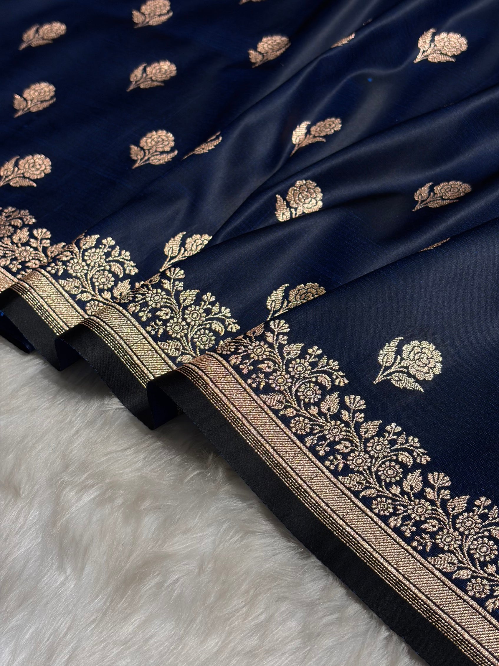 Navy Blue Floral Booti Katan Silk Saree SK23