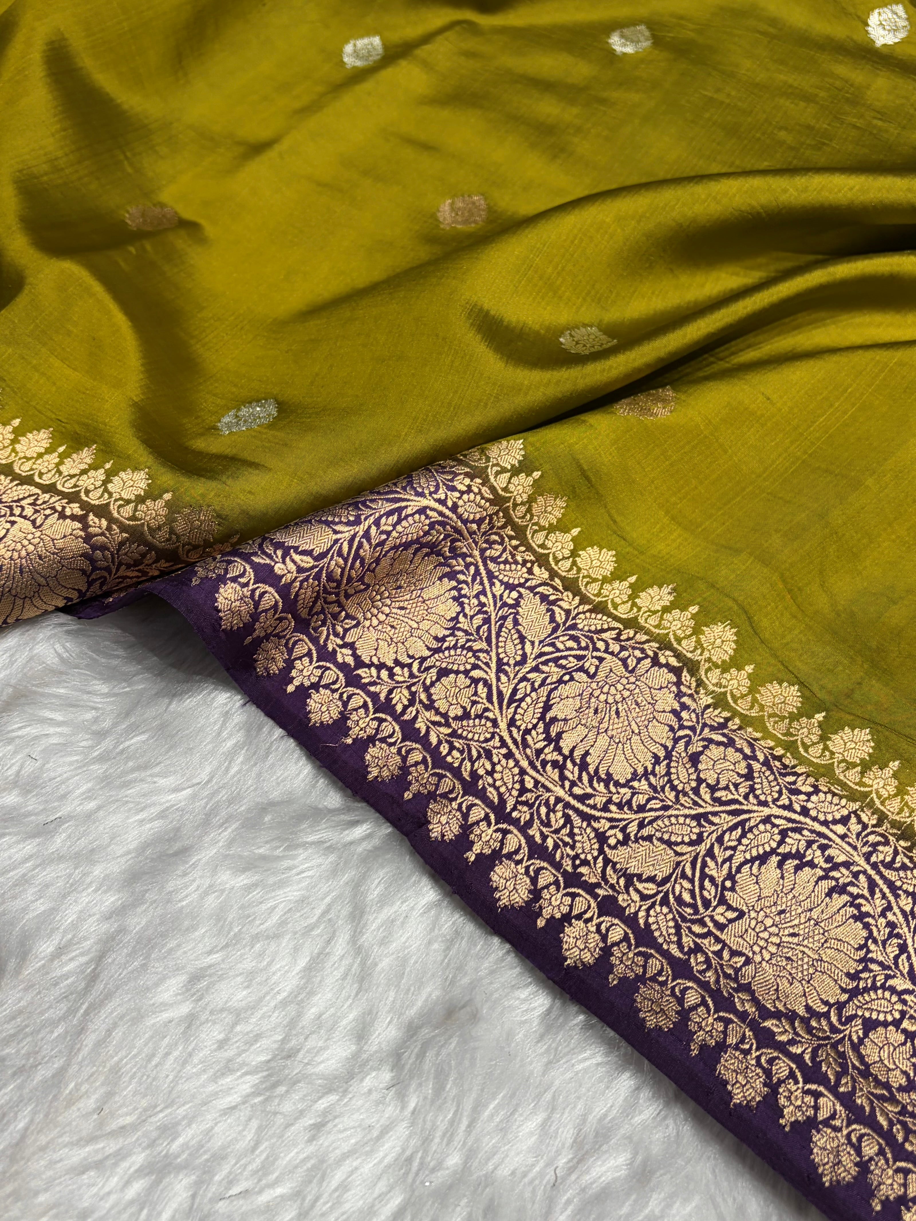 Contrast Mehendi With Purple Boota Handwoven Pure Katan Raw Mango Silk RM-33