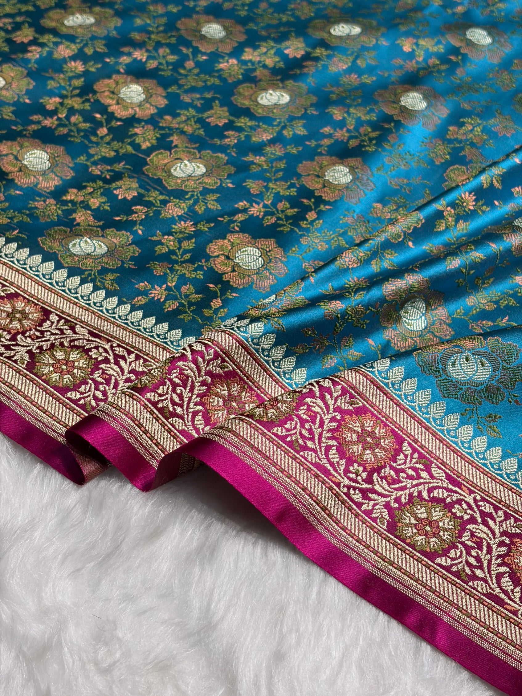 Firozi - Rani Contrast Jamawar Tanchoi Jaal Katan Silk Saree SKTM-21