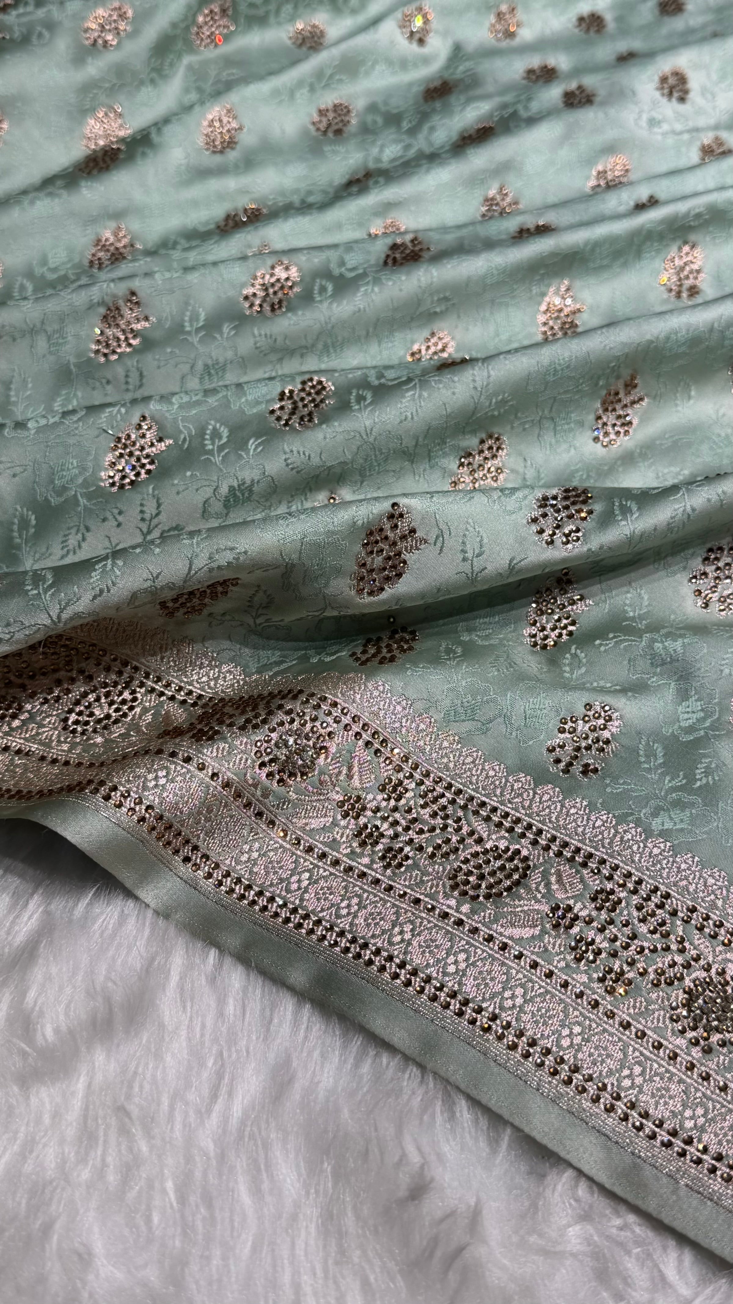 Sea Green Shades Tanchoi Motif With Swarovski Work Mashru Silk Saree BMST-10