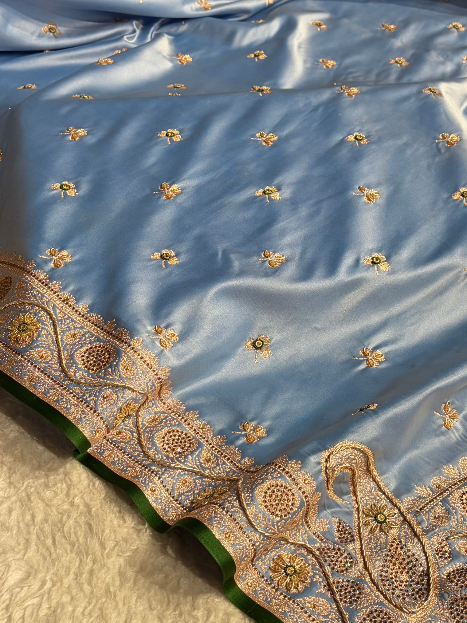 Sky Blue Shades Booti Katan Silk Saree with Stone & Zardozi Work BSK09